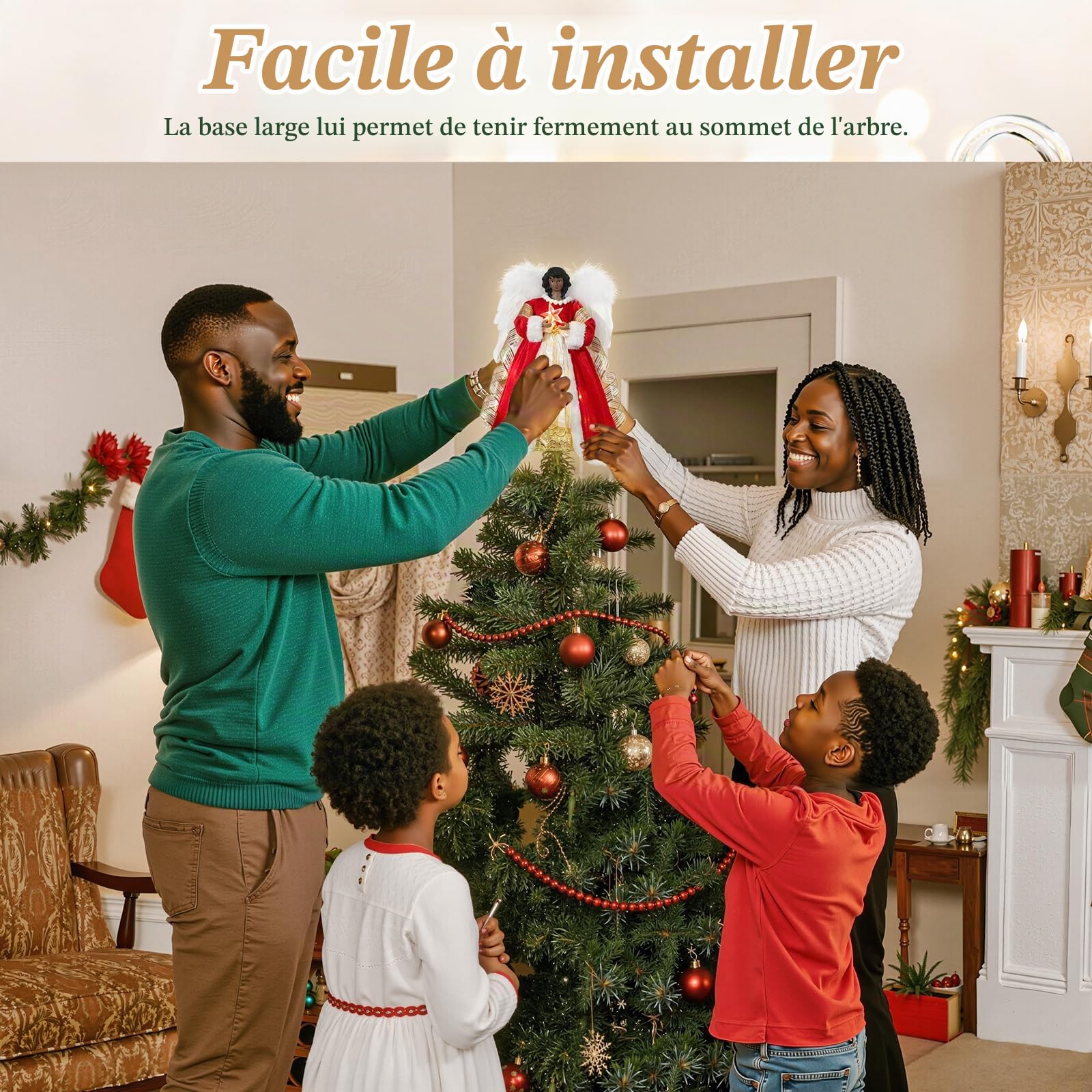 Lewondr Ange Noir de la Cime du Sapin de Noël, 12" Cimier d'Arbre de Noël Ange avec 8 Modes de Lumière, Figurine d'Ange avec Aile, Décoration de l'Arbre de Noël avec Minuterie 6H pour la Maison, Rouge