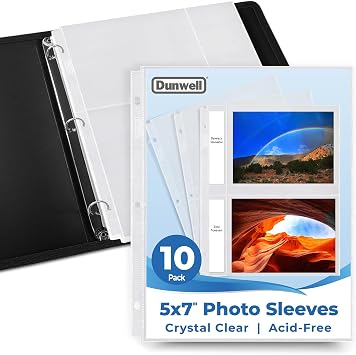 Dunwell 5x7 Photo Sleeves for 3-Ring Binder, 10 Pack for 40 Pictures, Each Sheet Protector Holds Four 5 x 7 Pictures or Postcards, Acid-Free Poly Plastic Photo Album Refill Pages