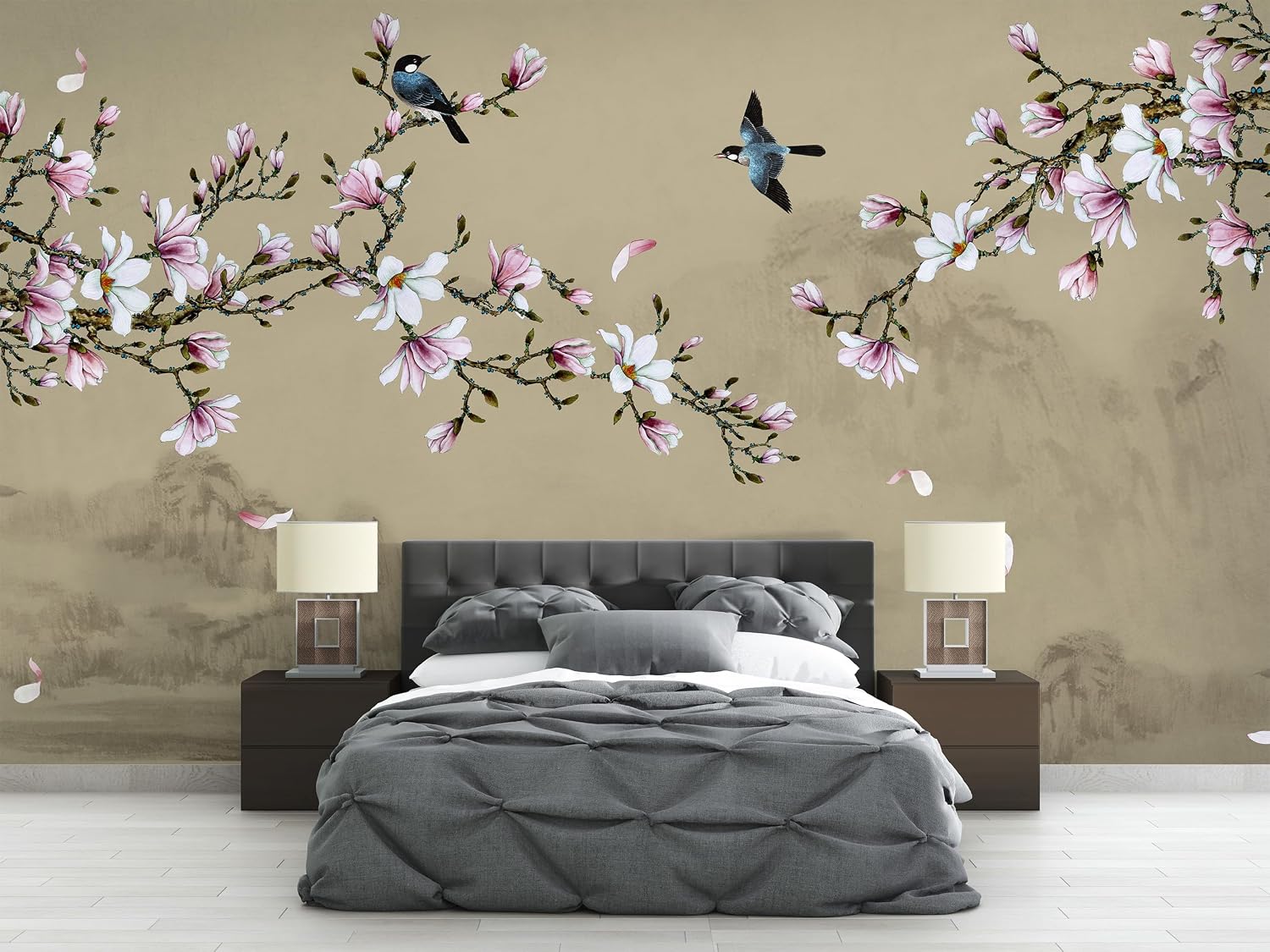 Sakura Flower White and Pink Birds Chinoiserie Peel and Stick Wallpaper 100''H x 150''W