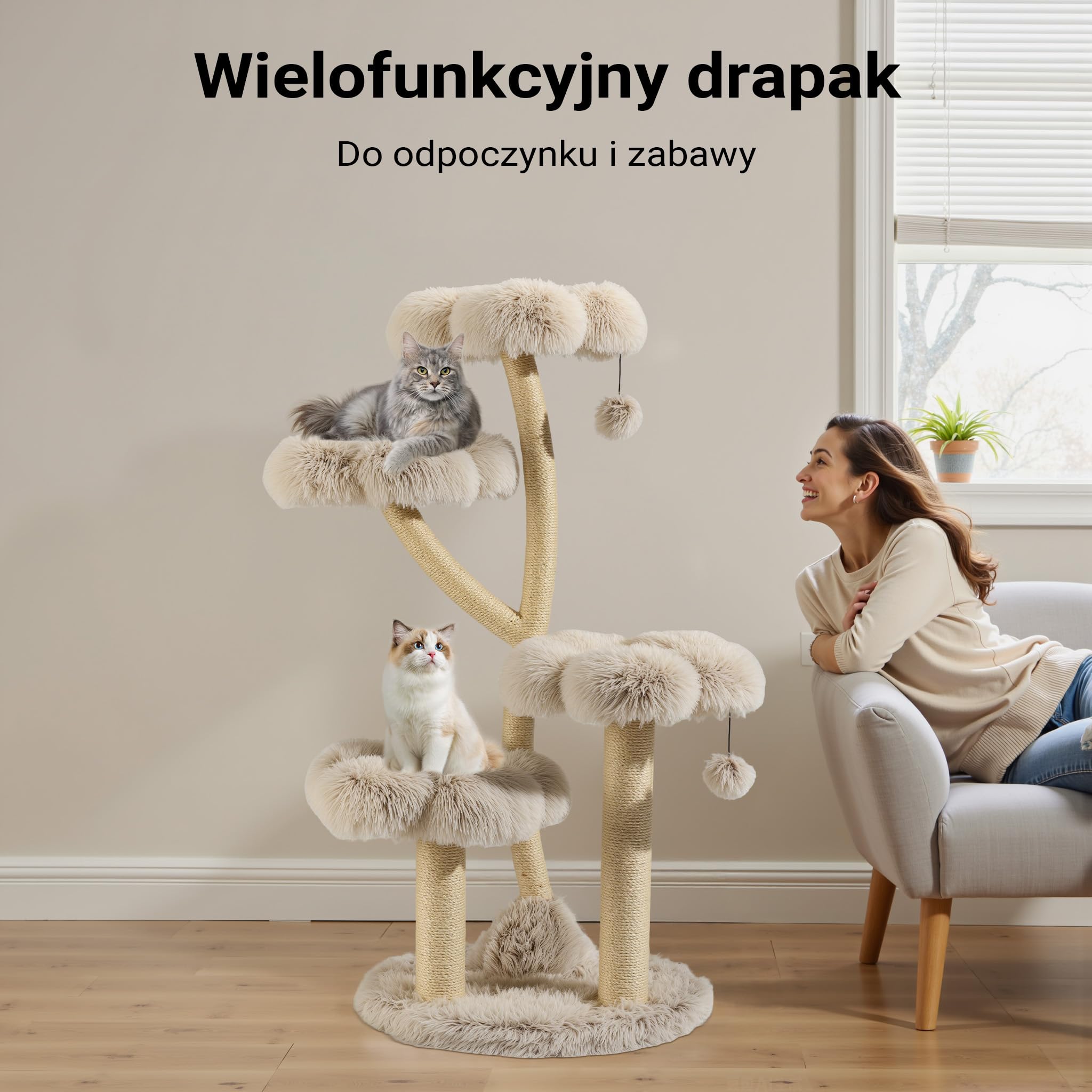 Fudajo Drapak dla kota designerski 59 x 59 x 123 cm, koci domek z pluszem i sizalem, drzewko dla kotów, z piłeczkami do zabawy