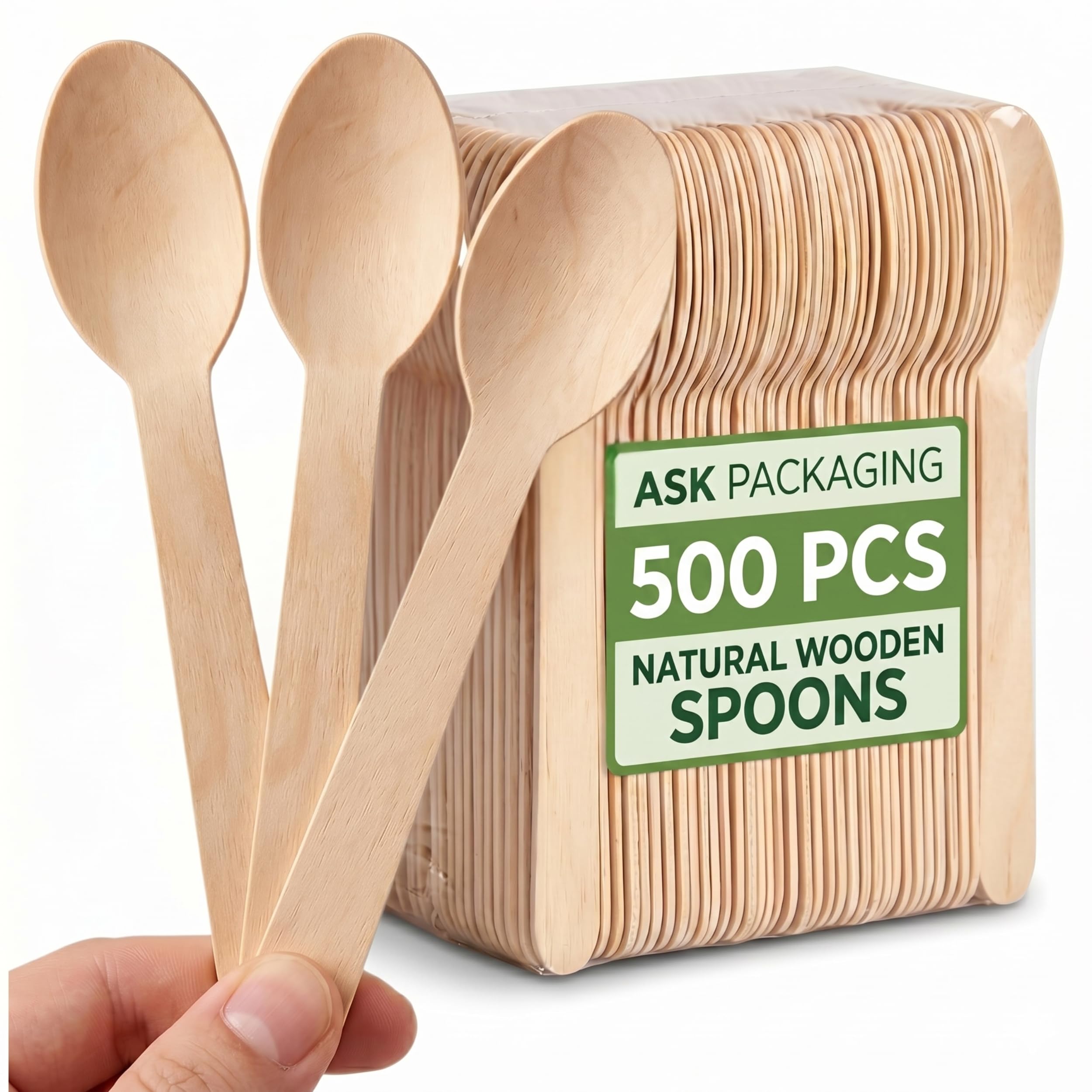 Ask Packaging 500 Disposable Wooden Spoons 16cm Birchwood Cutlery – Biodegradable, Splinter-Free, BPA-Free Eco Spoons for Office, Parties, BBQ, Camping, Dessert, Coffee & Kids