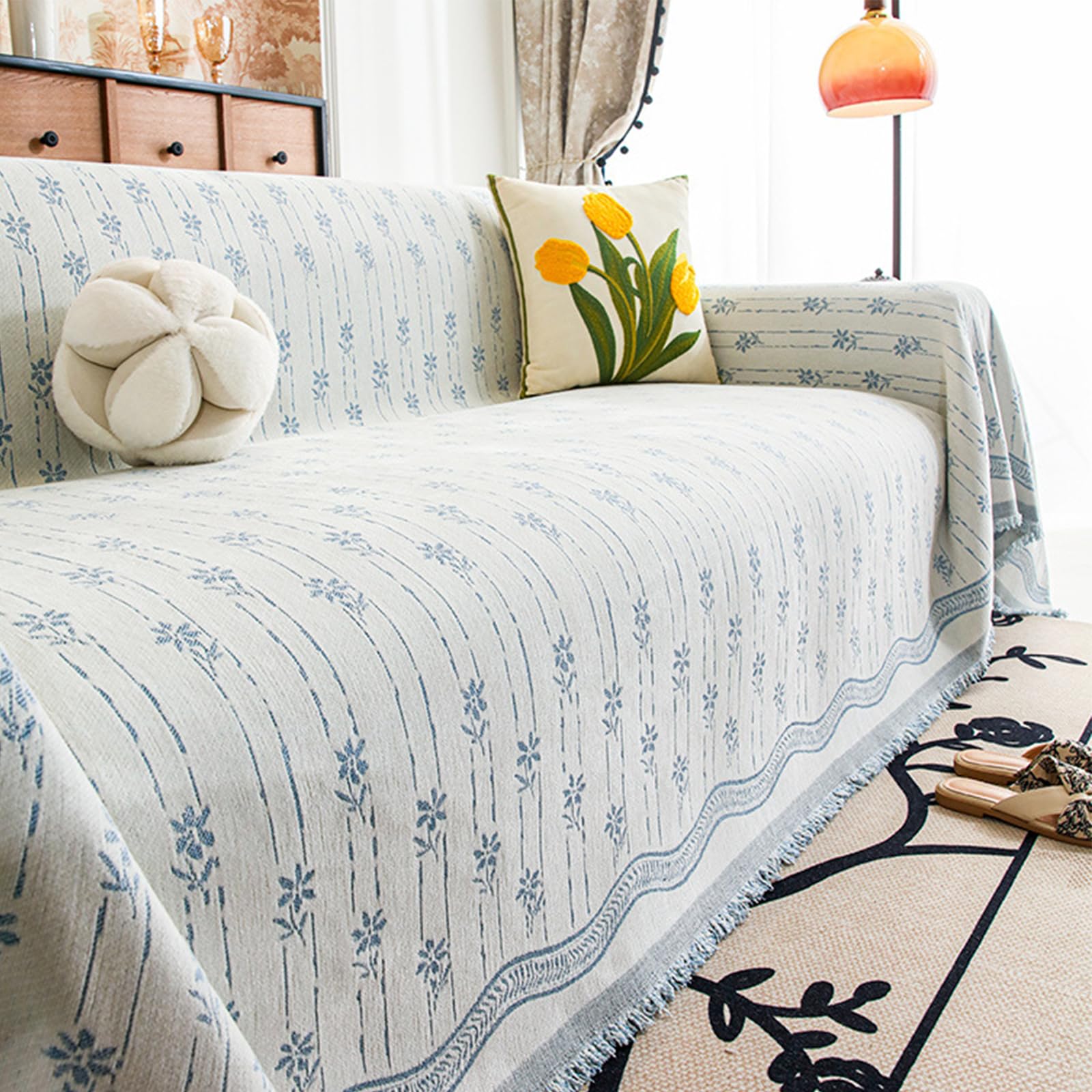Housse de canapé antidérapante - Motif géométrique jacquard rayé avec pompons - Lavable - 180 x 460 cm - Housse de protection durable pour meubles de maison