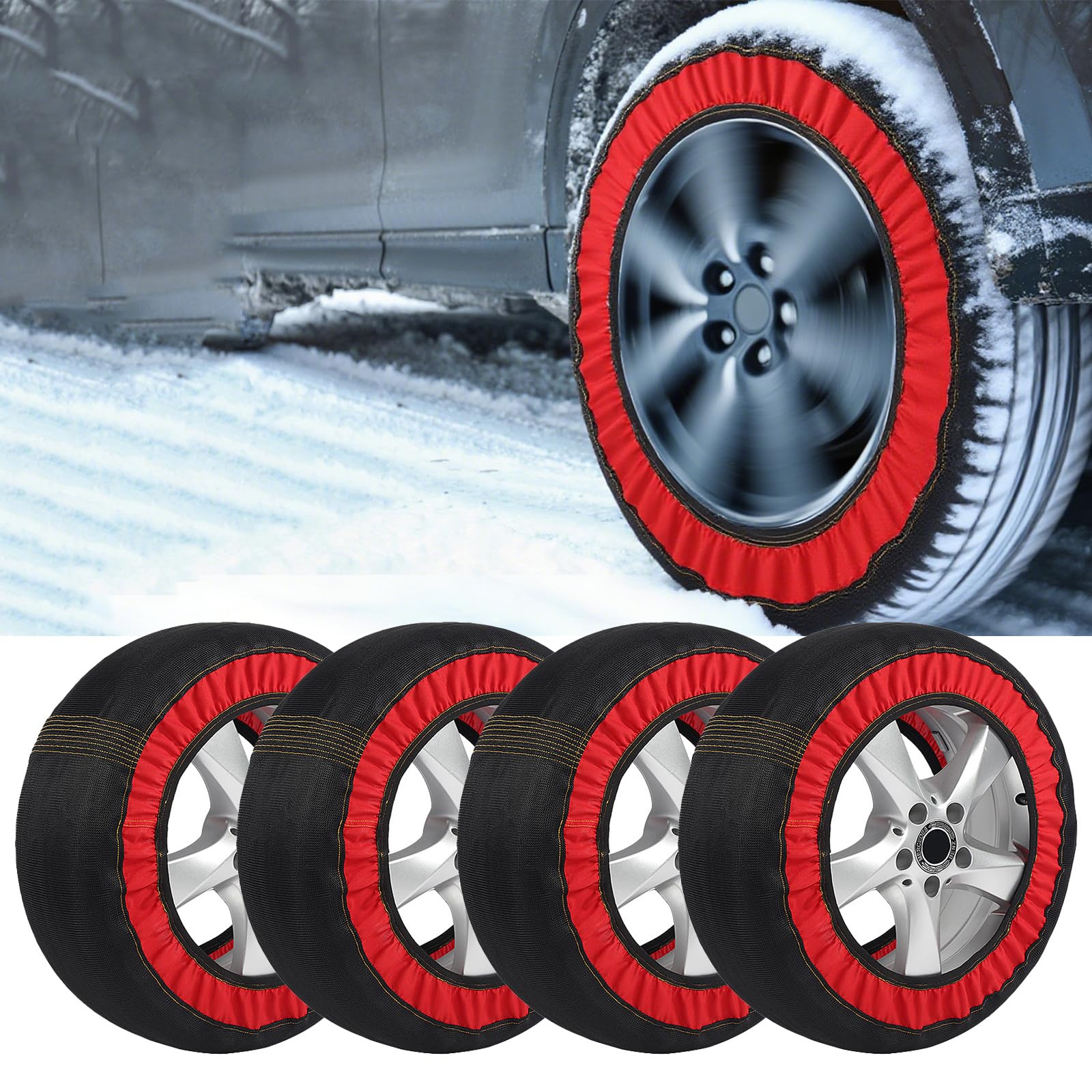 Chaussettes à neige pour pneus de voiture, chaîne neige textile épaissie antidérapante pour une meilleure traction hivernale avec gants et étui de transport pour voitures, SUV et camions universels (4