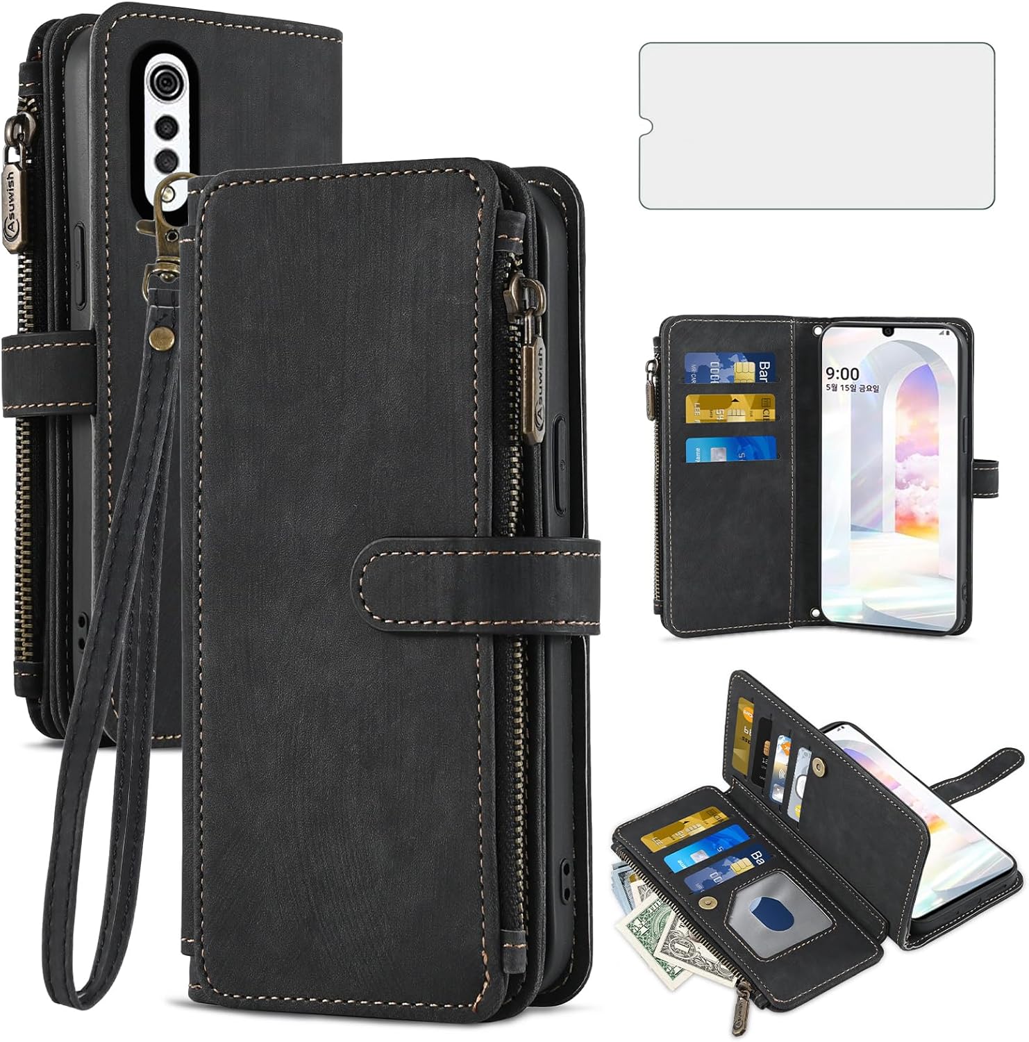Asuwish Phone Case for LG Velvet 5G/LGVelvet Verizon G5 UW T-mobile 2020 Wallet Cover and Tempered Glass Screen Protector Leather Flip Card Holder Cell Accessories LM G900UM 4G Tmobile Women Men Black