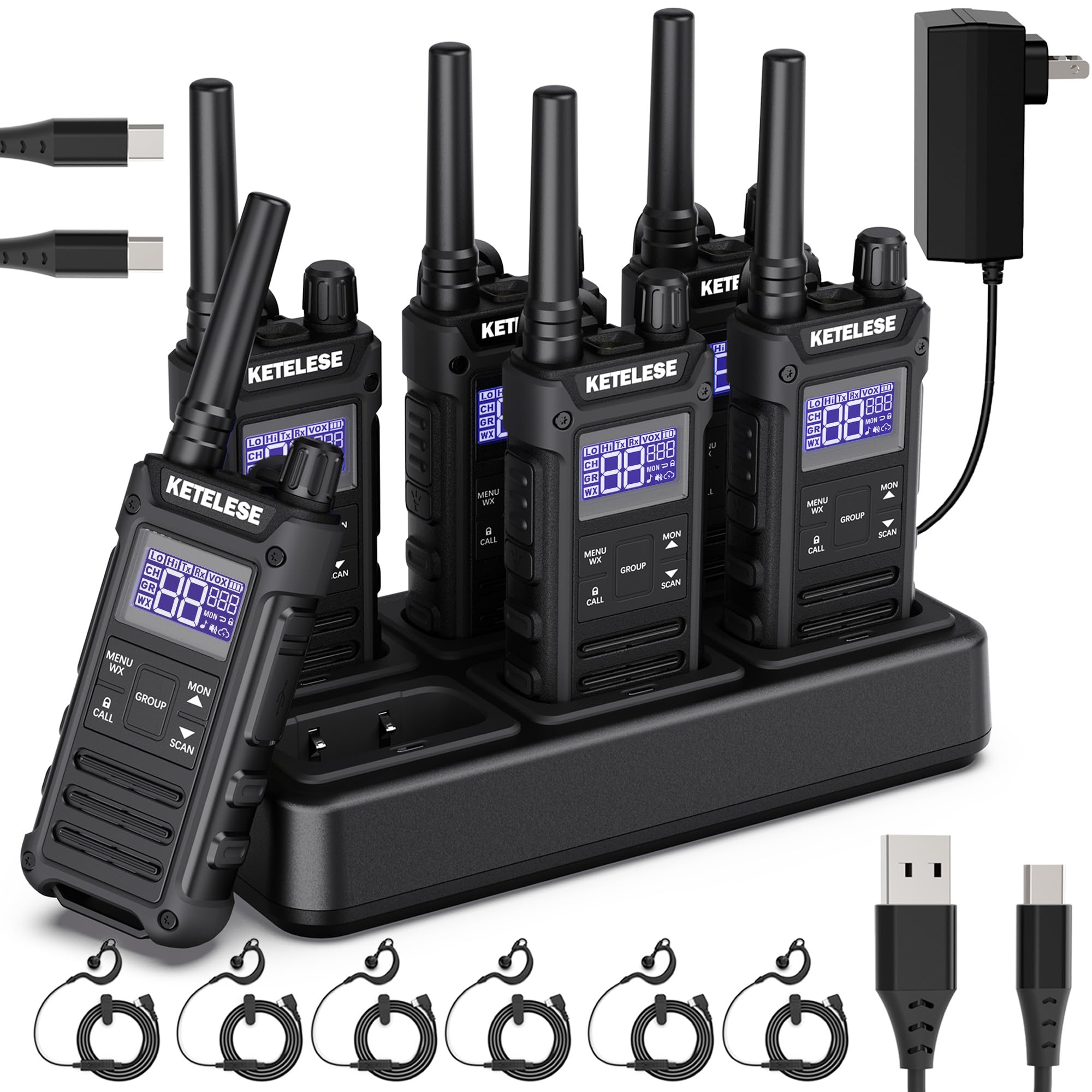 KETELESE T3G Heavy Duty Walkie Talkies Type-C Rechargeable, IP67 Waterproof 2 Way Radios with Earpiece, Adapter, Dock, PTT Group, NOAA, VOX, 6 Pack Walkie Talkie for Adult Black/Grey