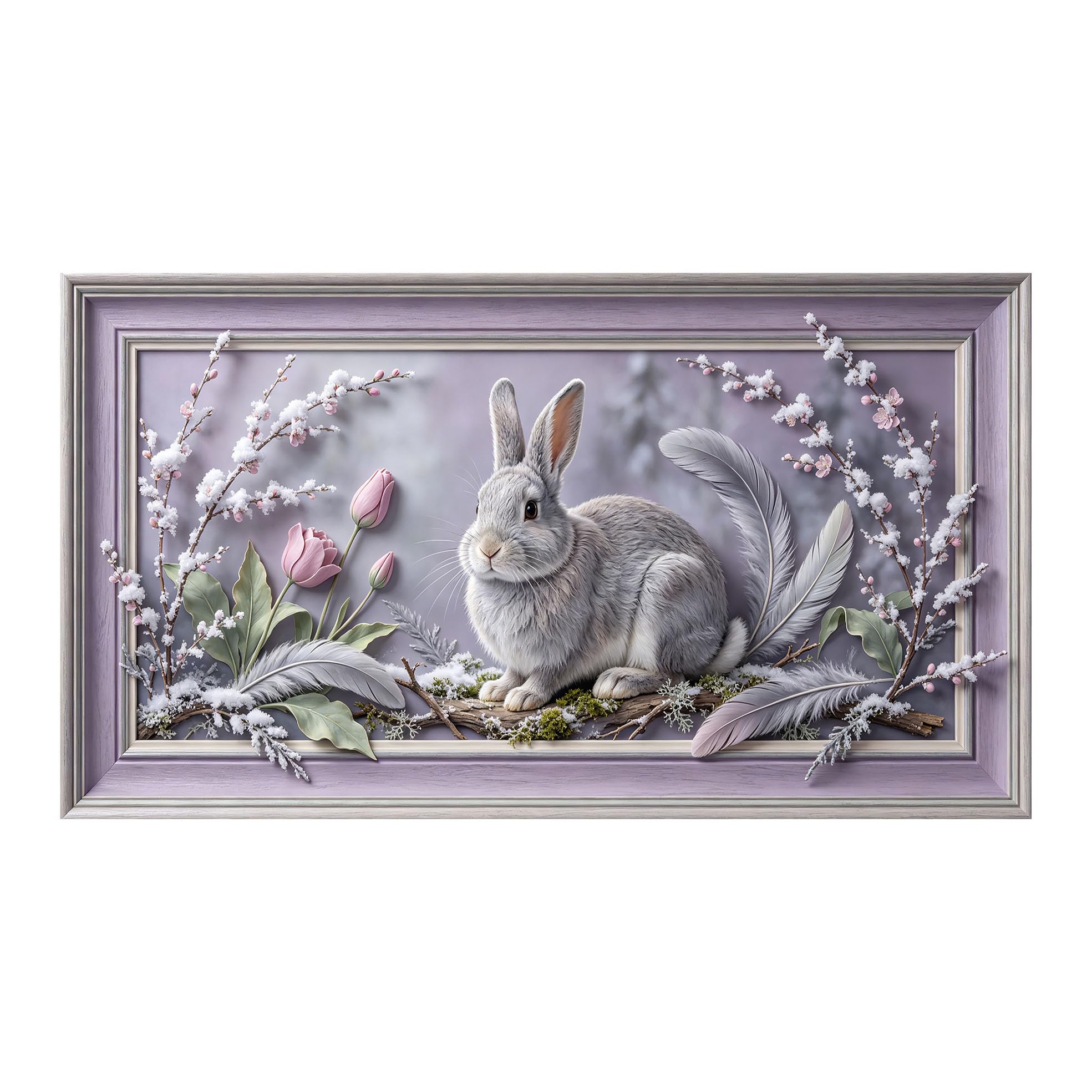 Murasolite 3D 3D Framed Wall Art 50cm×90cm Snowy Rabbit Floral Pastoral Oil Painting SelfAdhesive Fabric Mural Wall Decor, Peel and Stick No Damage to Wall for Bedroom Living Room