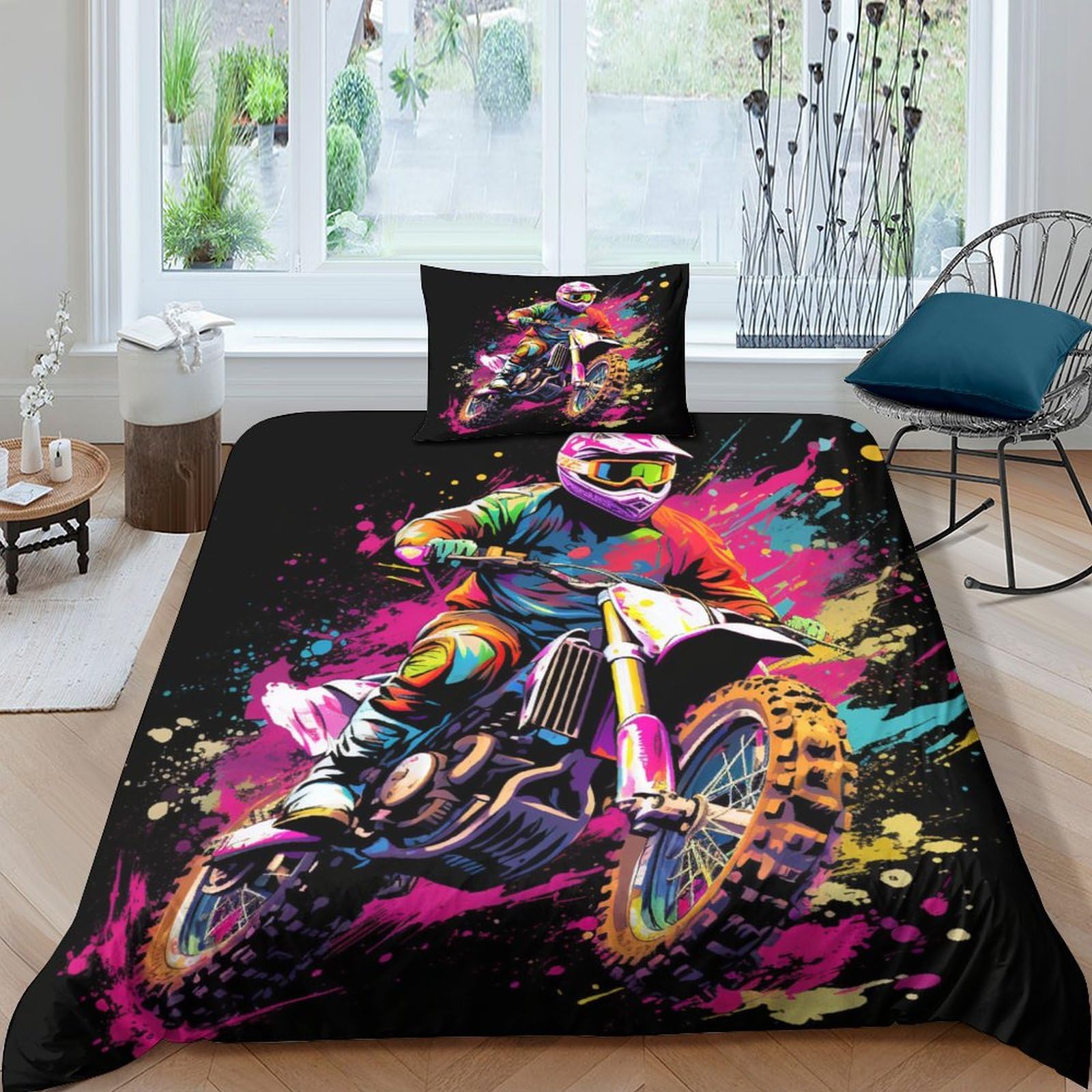 Parure de Lit Moto 3D Finition Premium Microfibre Douce Housse 135x200 cm