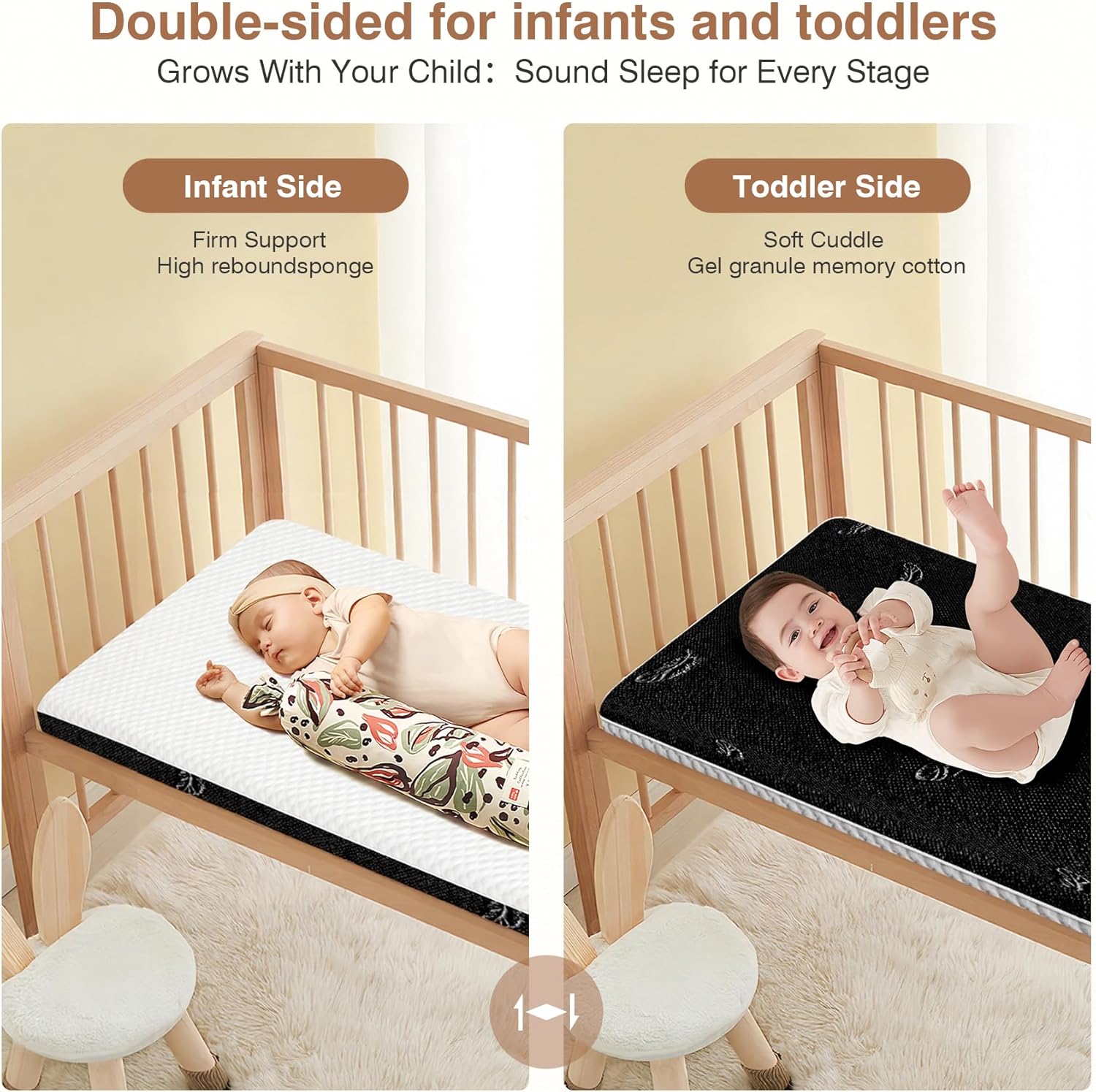 Crib Mattress, Dual-Sided Comfort Baby and Toddler Bed Mattress with Cool Gel Memory Foam, Triple-Layer Breathable Premium Baby Mattress for Infant and Toddler with Removable Outer Cover -White&Black