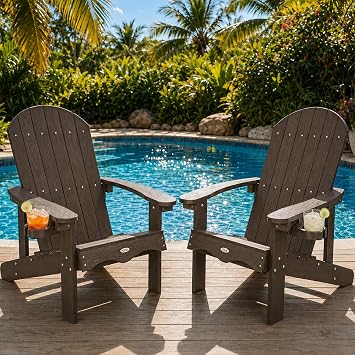 Y&M Adirondack Chair Set of 2, Dark Brown Fire Pit Chairs, Outdoor Patio Chairs with Cup Holder, Weather Resistant HDPE Wooden Textured Patio Chairs, Perfect for Garden, Lawn, Deck, or Poolside