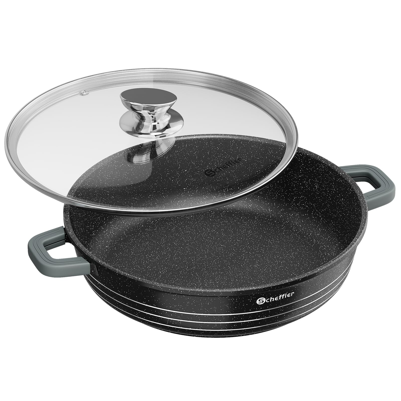 Topf Scheffler Kochtopf mit Glasdeckel, Schmortopf mit Antihaftbeschichtung, Bratentopf Induktion, Aluguss,2 Silikon Griffschutz, Spülmaschinengeeignet, für alle Herdarten Schwarz (20cm)