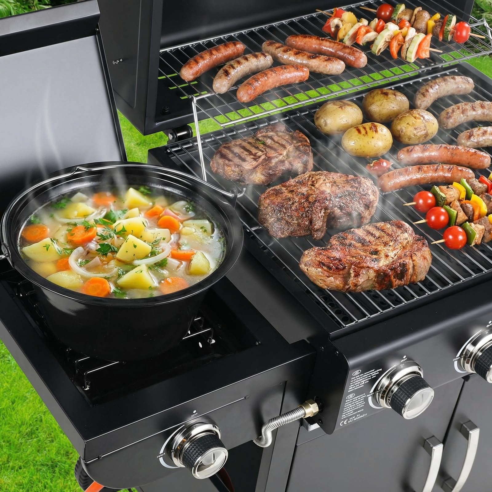 TLSUNNY 4+1 Brenner Gasgrill, Gasgrill Master mit Seitenkochfeld, BBQ Grillwagen Gas mit 2 pcs Rad, Hochleistungsbrenner, Impulszünd, mit Thermometer, Große Grillfläche, Grillküche, 4*/2.93KW + 2.33KW