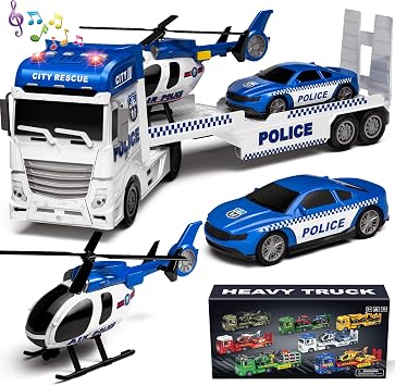Tacobear Grand Semi-Remorque de Police 3-en-1 avec Hélicoptère et Voiture de Course à Inertie (65 cm)