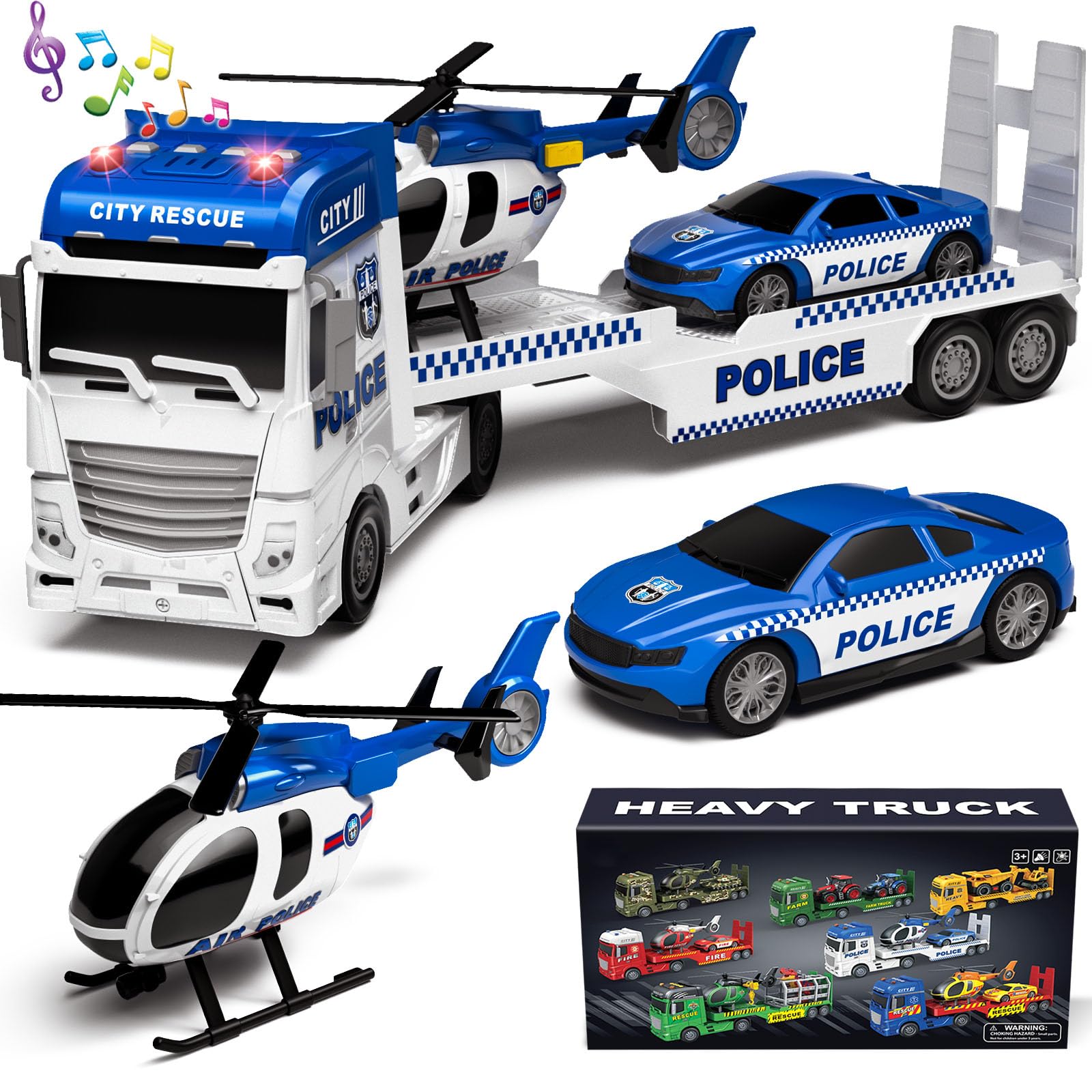 Tacobear 3 en 1 Camion Police Hélicoptère Voiture - Transporteur Jouet 2-6 ans