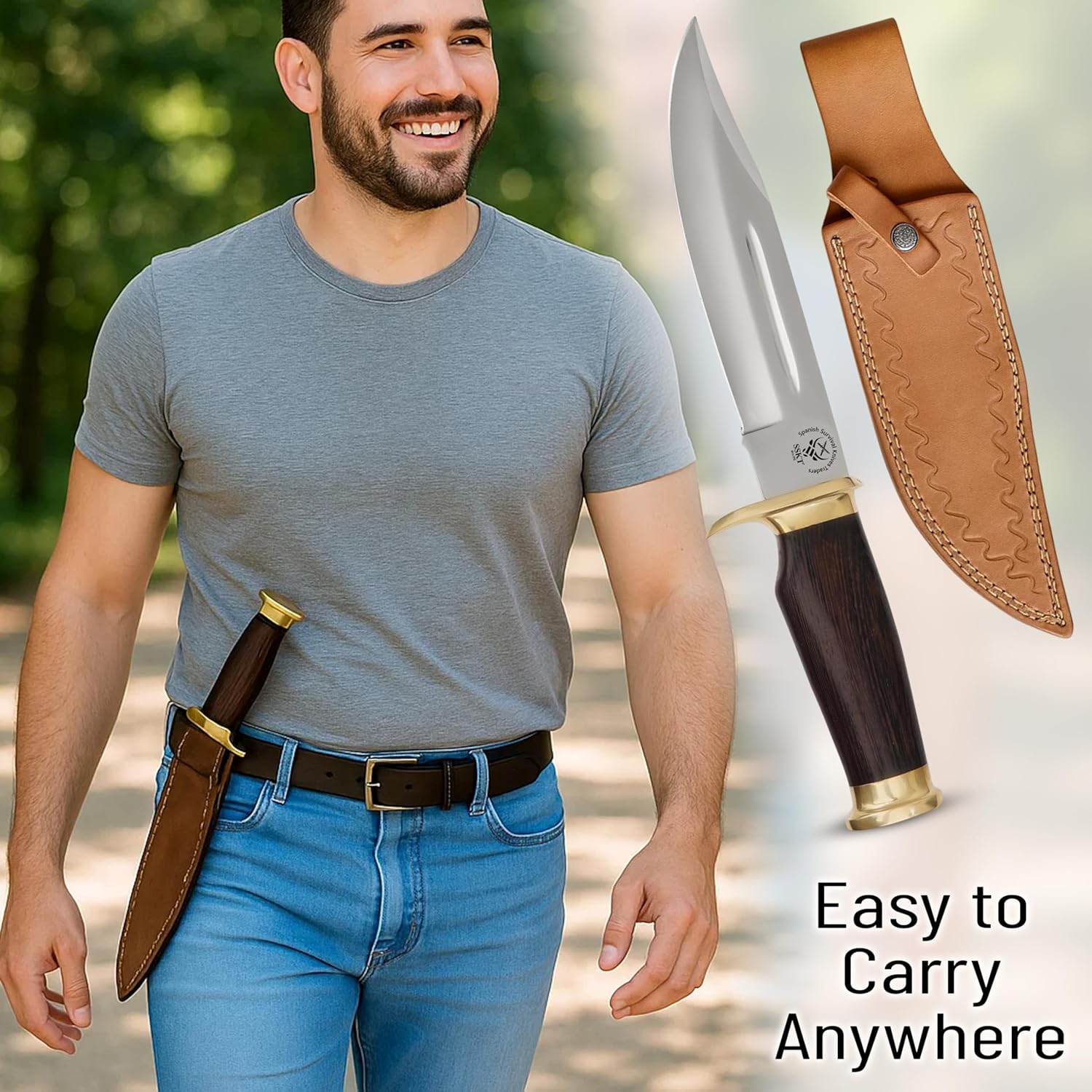 SSKT 13 Inch Handmade Hunting Knife — 6mm Thick D2 Steel Full Tang Bowei Blade — Wenge Wood Handle Tactical Knife with Leather Sheath for Survival, Camping & Outdoor