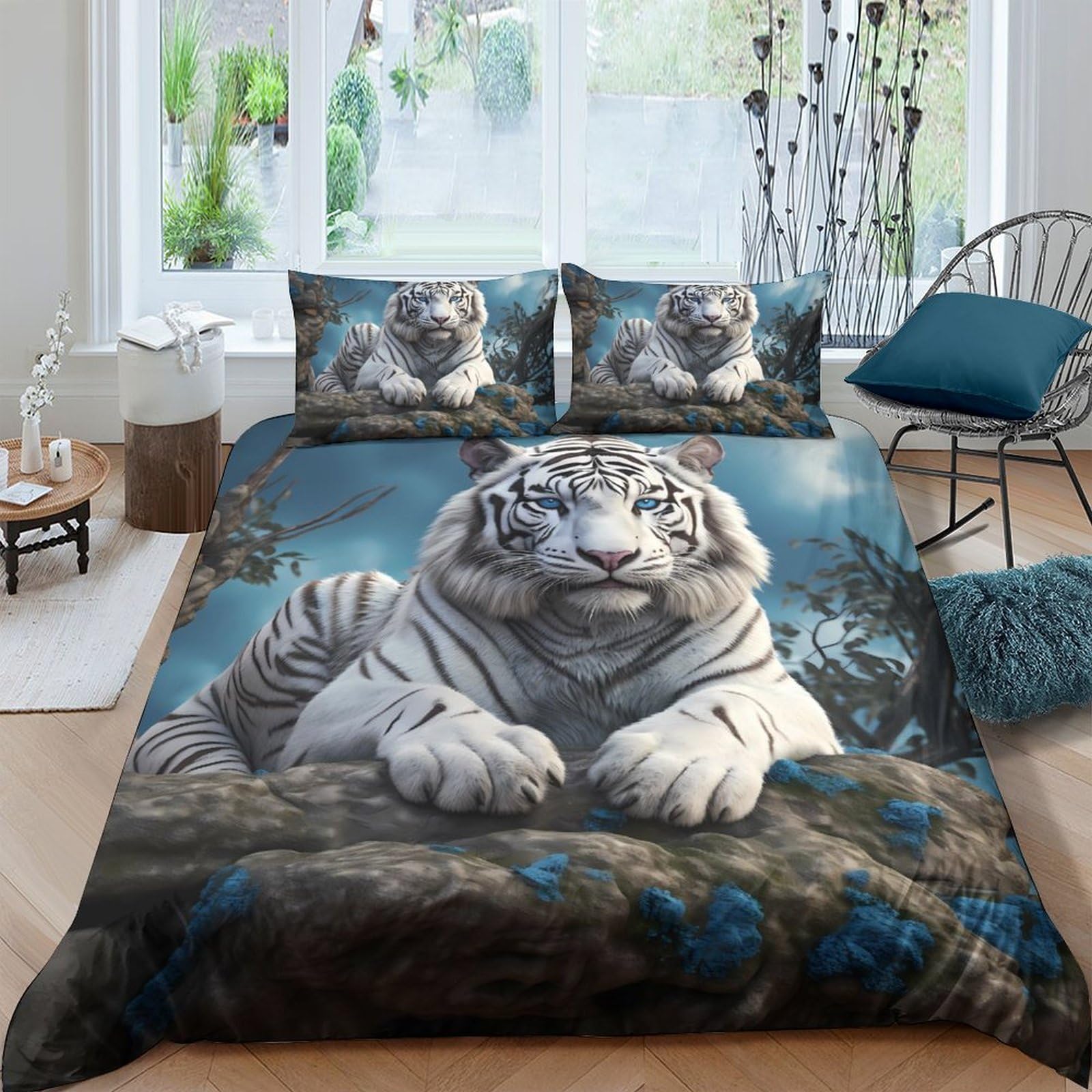 P5V6M1Q9 3D Printed White Tiger Duvet Cover Set Microfiber Soft Breathable Forest Bedding Set with 2 Pillowcases for Bedroom Single（135x200cm）