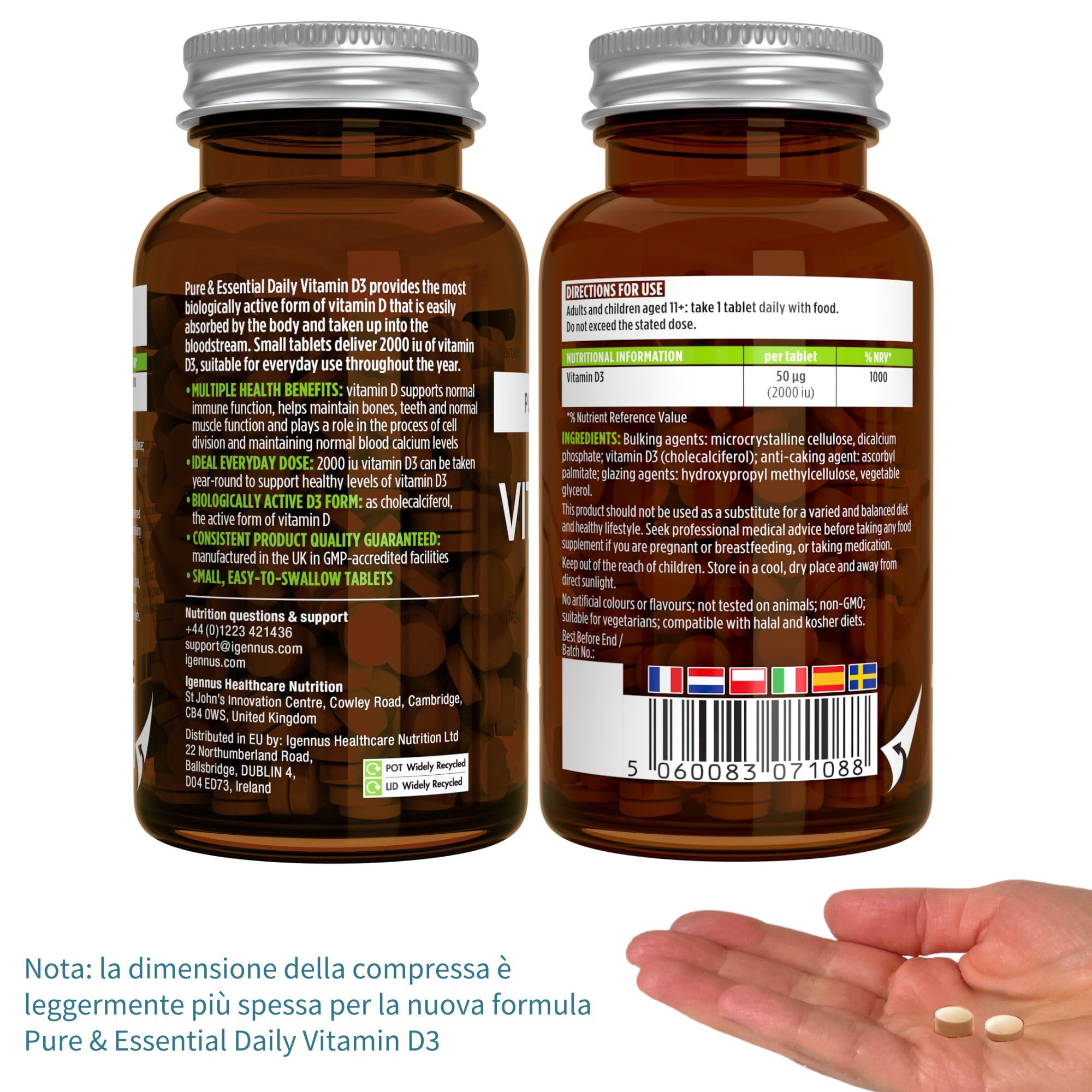 Igennus Vitamina D3 2000 UI (50 μg), 365 Compresse Scorta per 1 Anno, Vitamina D Pura, Integratore D3 Vegetariano, Colecalciferolo, Formula Pulita, Difese Immunitarie, Ossa, Denti e Muscoli