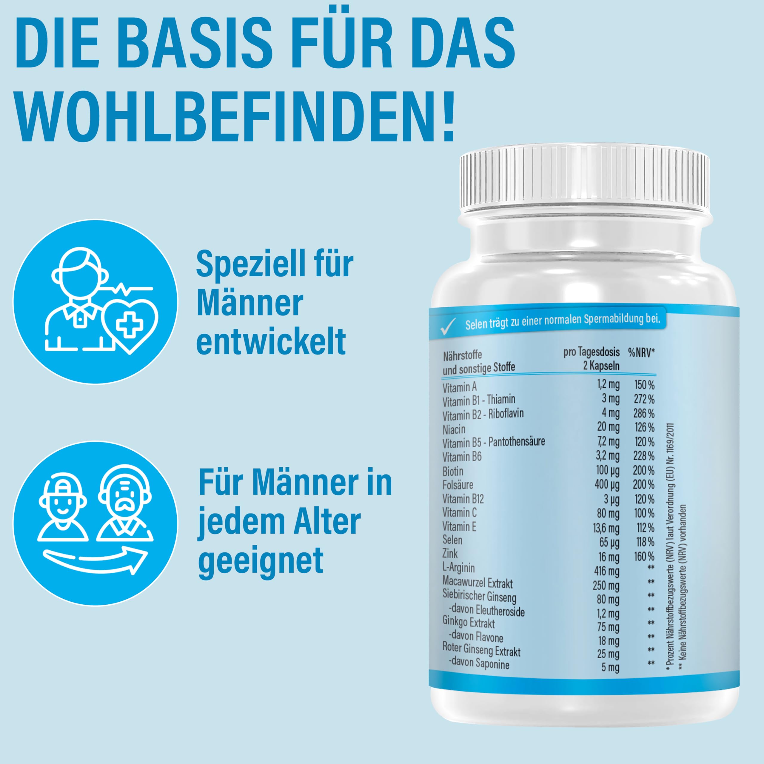 Vihado 4MEN 2.0 - Männer Kapseln extrastark - DAUERHAFT Rezeptur hochdosiert - mit L-Arginin, Maca, Vitaminen, Ginseng, Ginkgo, 60 Kapseln