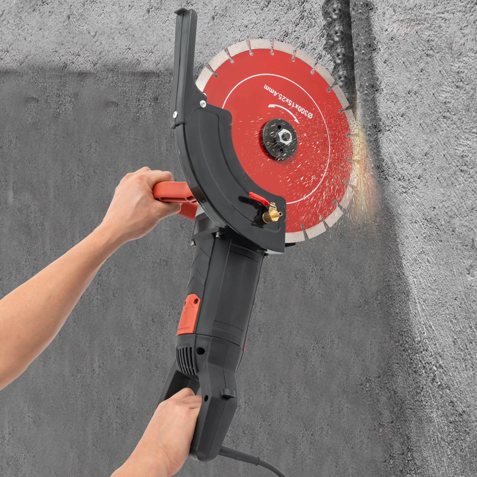 Scie à béton électrique 3000 W 4300 tr/min - Coupe-pierre - 300 mm - Diamètre du disque - Lame diamantée - Profondeur de coupe de 110 mm - Avec 2 lames de scie et pompe d'extraction d'eau