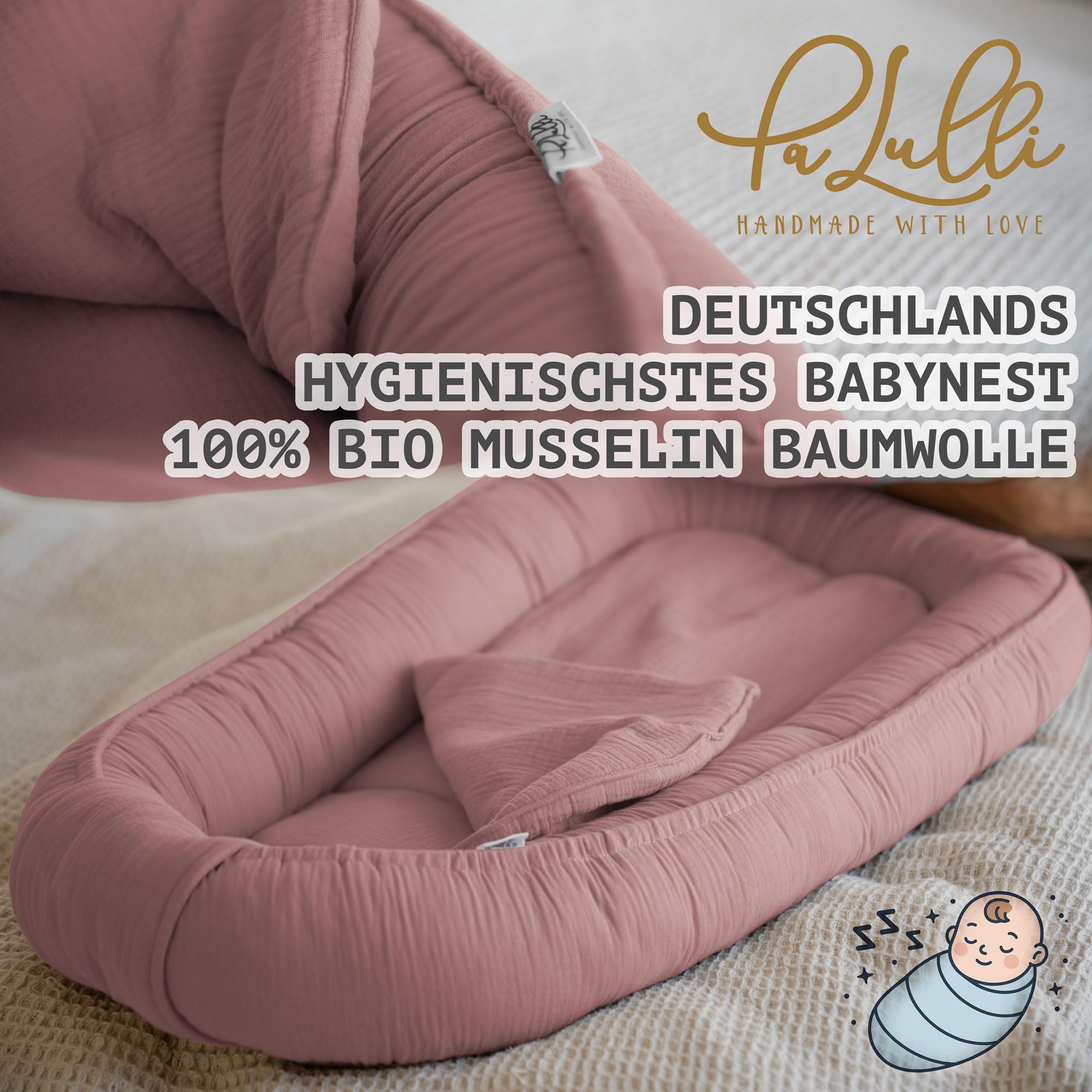 PaLulli Nido para bebé de 100 x 60 cm, muselina suave con colchón, nido de dormir, capullo, cuna de viaje para recién nacidos, 100 % algodón (rosa)