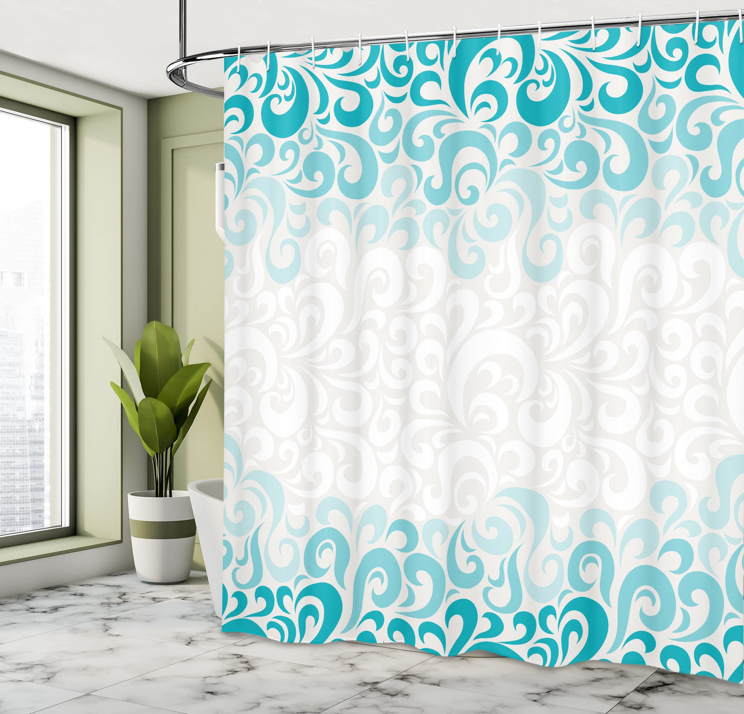 ABAKUHAUS Turquoise Shower Curtain, Abstract Floral Flowers Pattern Classic Design Illustration - Image 4