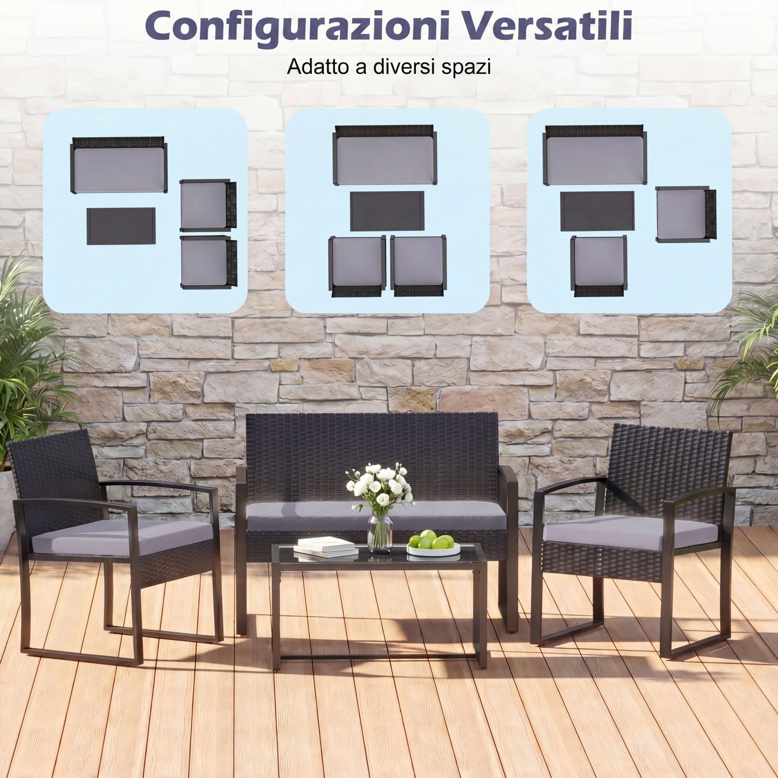 SOARS Set di Salotto da Esterno in Rattan PE, Divano 2 Posti, 2 Poltrone, Tavolino Vetro Temperato, Cuscini, Grigio