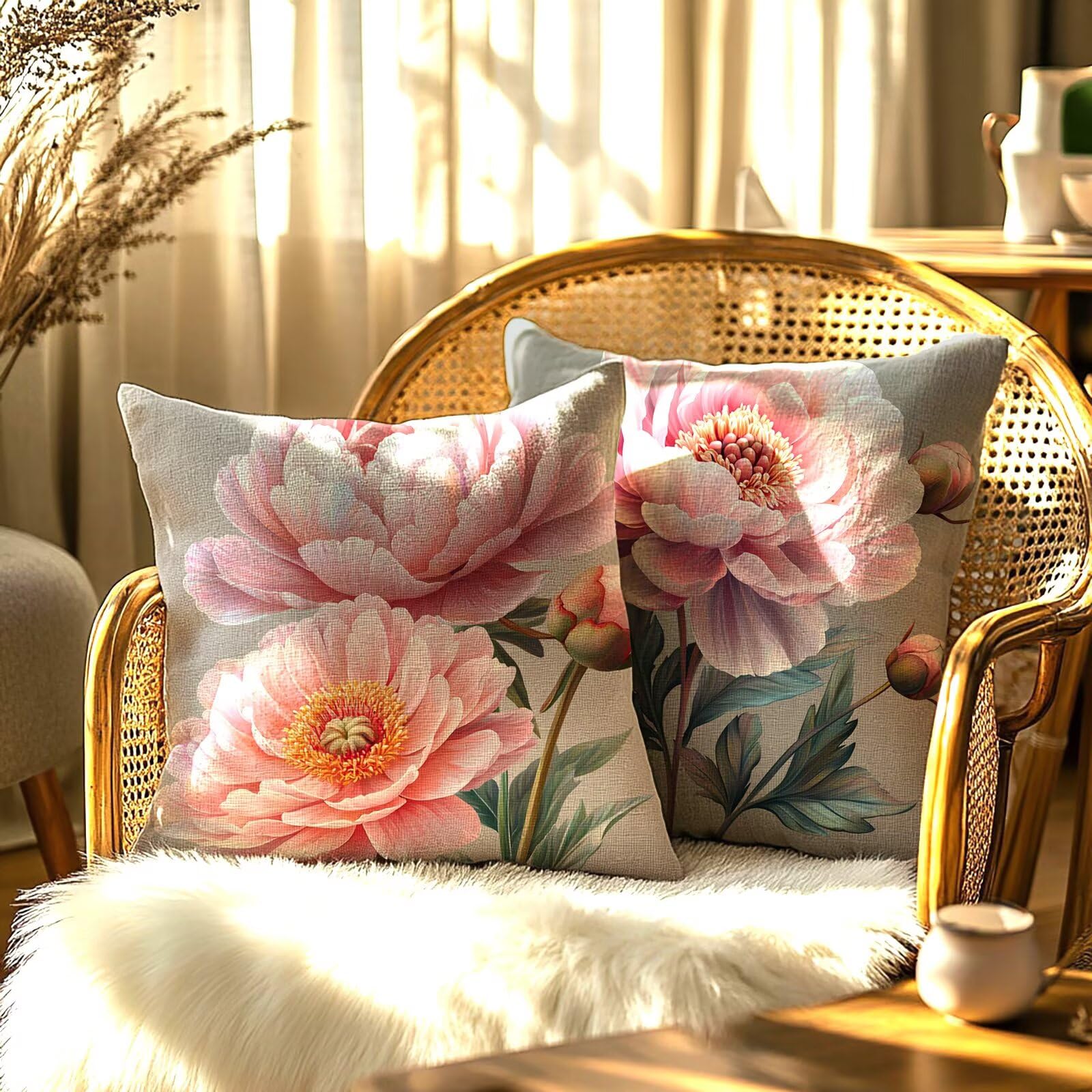 Funda Cojin 55x55 Pack de 4 Rosa Cojines de Exterior Impermeables de Lino, Cuadradas, Decorativas PeoníA para Sofá, Muebles de Jardín, Sofá, Cama Banco, Decoración Rústica, Regalos para Mujeres G9-865