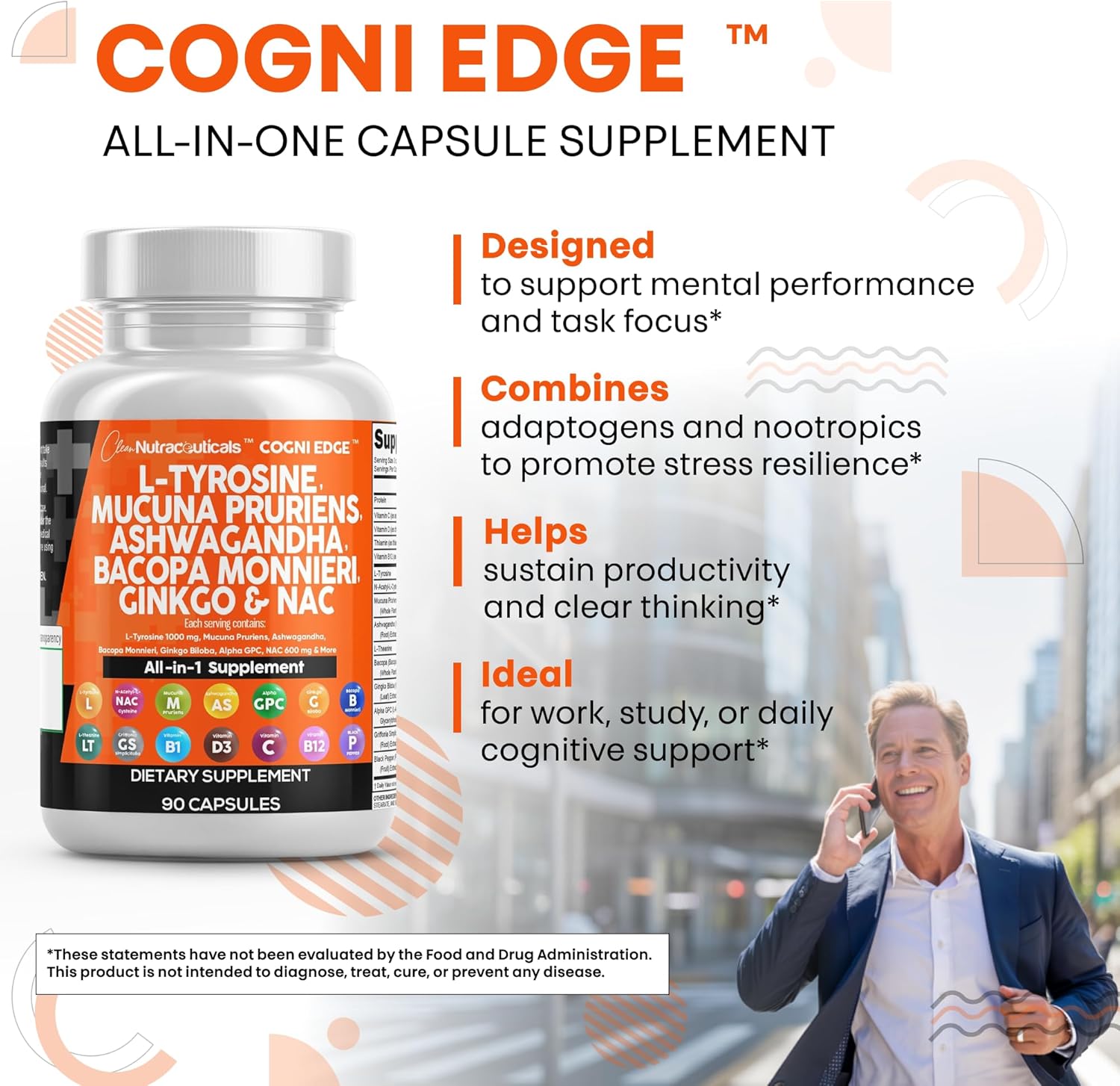 Clean Nutraceuticals L Tyrosine Mucuna Pruriens Bacopa Monnieri Ashwagandha Focus Supplement w/N-Acetyl Cysteine NAC 5-HTP Ginkgo Biloba Alpha GPC Vitamin C D B1 B12 (Pack of 2)