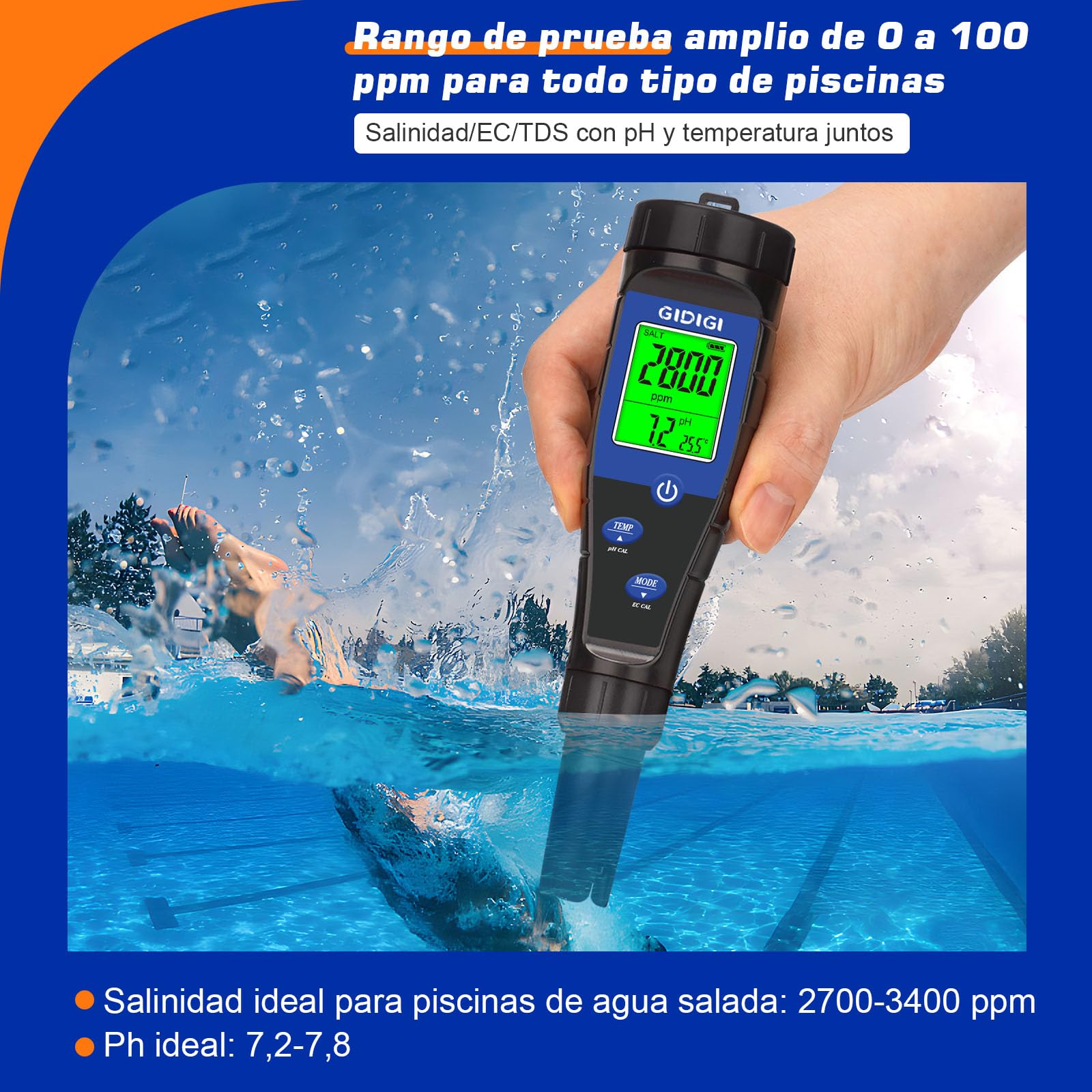 Medidor de pH, probador de sal para piscina, 5 en 1, probador de TDS EC pH con líquidos calibración, medidor ppm pH para piscina agua salada, acuario, spa, hidroponía, cerveza