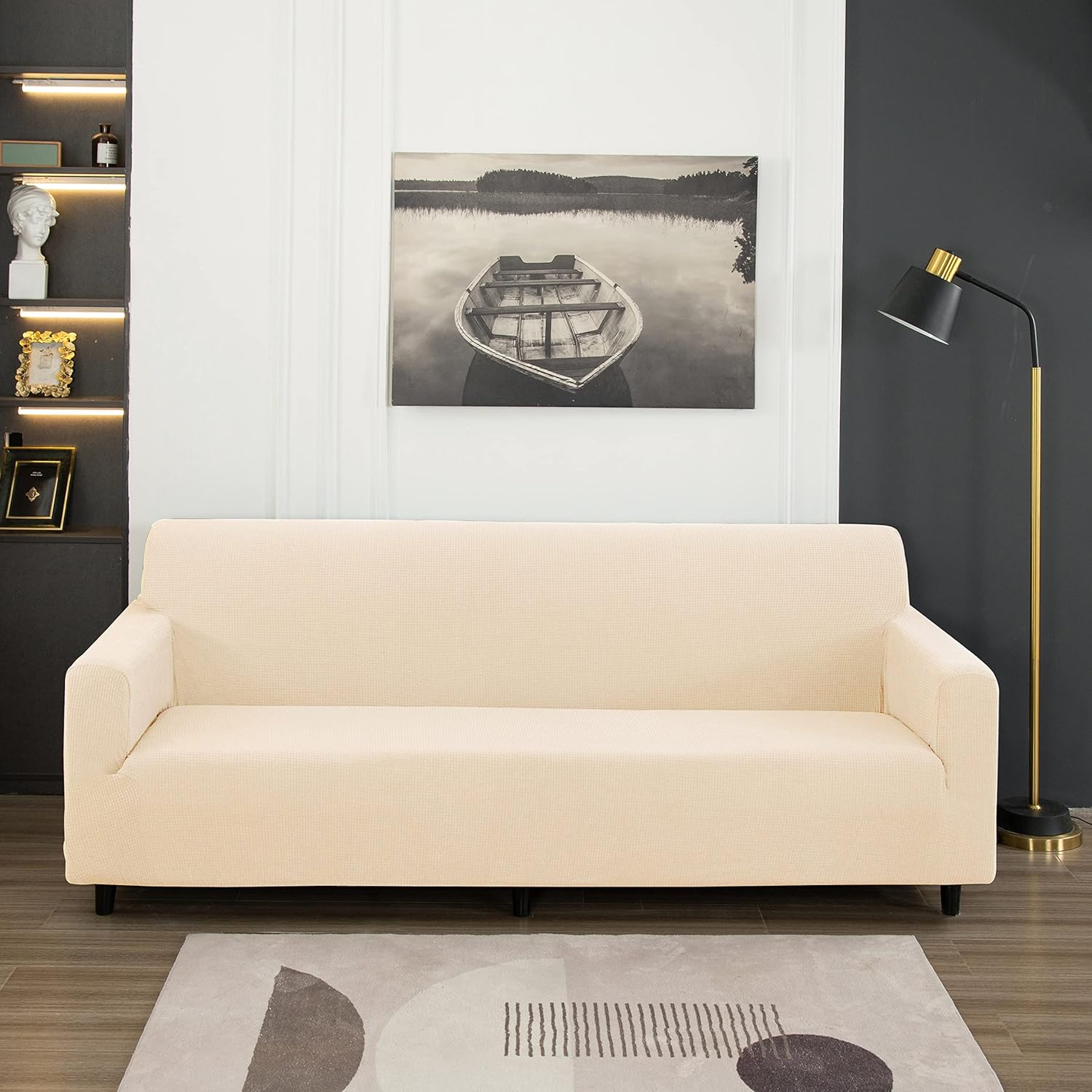 3 Pcs Sofa Cover Set, for Couch Sofa, Loveseat, Armchair, for 1 2 3 Seater Slipcover, Checks Jacquard Velvet Furniture Covers for Sofa and Loveseat (Beige, 3Pcs(Sofa+Loveseat+Armchair))