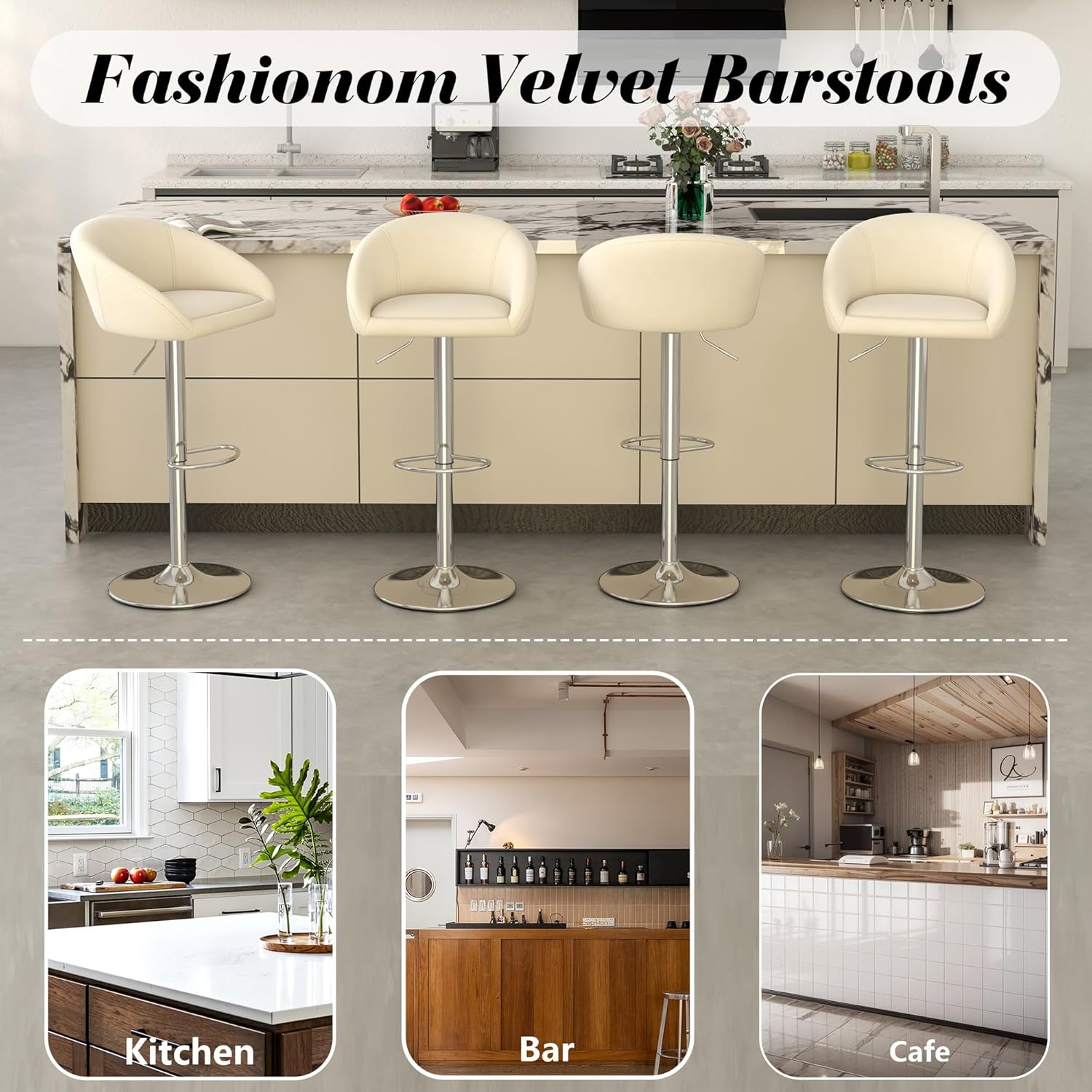 Bar Stools Set of 4, Modern Velvet Swivel Barstools Adjustable Counter Height Island Chair with Silver Metal Base Footrest for Home Kitchen Pub, Beige