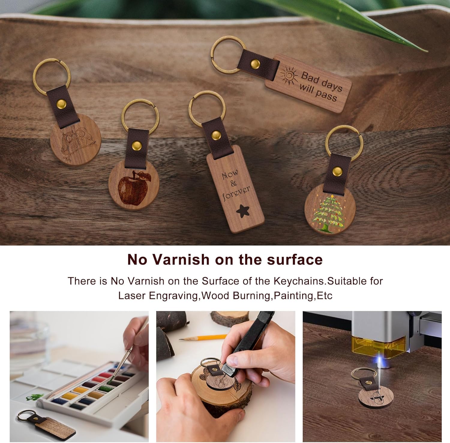 Yoption 26 Pcs Leather Wood Keychain Blanks, Rectangle and Round Blank Wood Engraving Keychain with Leather Strap, Unfinished Wooden Keychains for for DIY Gift Crafts