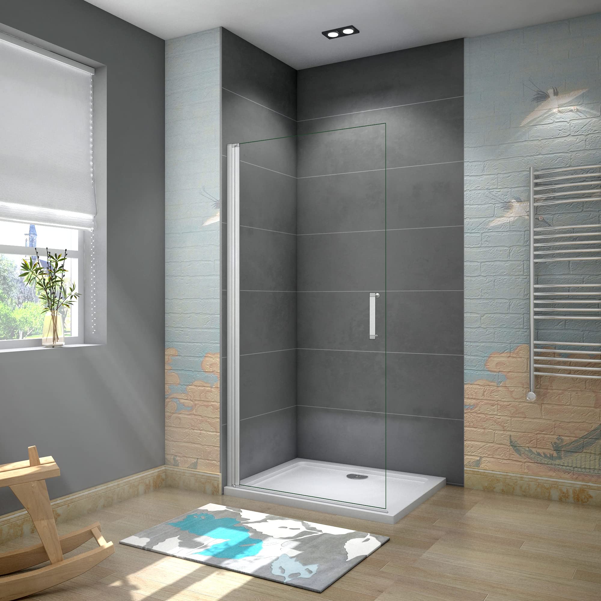 WALK IN Parete Doccia 65x185cm Movibile Girevole vetro 5mm Bianco Argenteo | Trasparente, Vetro Temperato, Verso Interno Esterno, Telai Bianco Argenteo Opaco