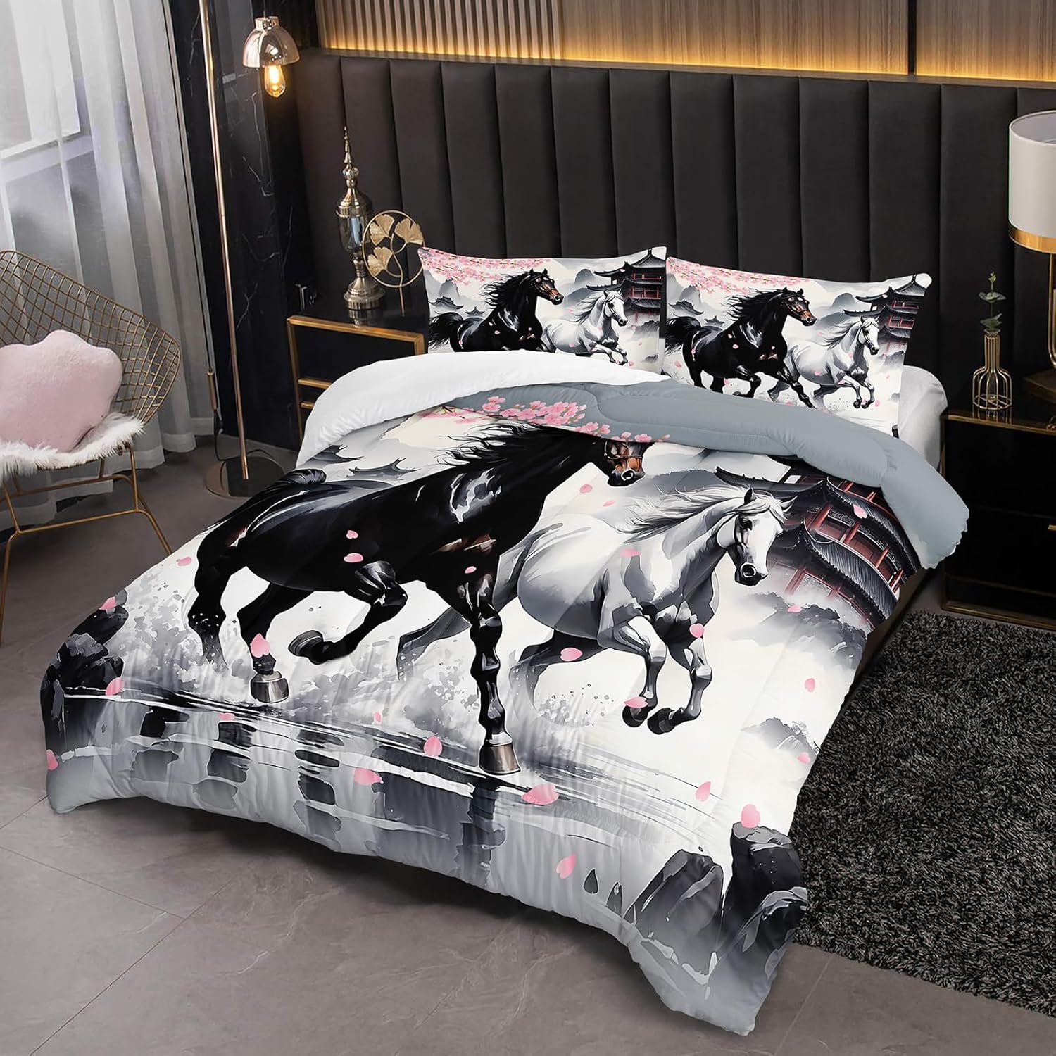 Galloping Horses Floral Comforter Set for Teens Girls Boys,White Western Horses and Sakura Print Bedding Set Twin Size, Flower Room Decor 3 Pieces All Season