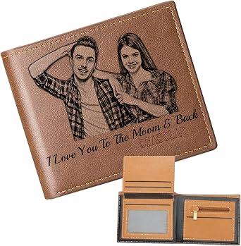 Personalized Wallets for Men,Custom Photo Wallet Engraved,Trifold Leather Wallet Brown