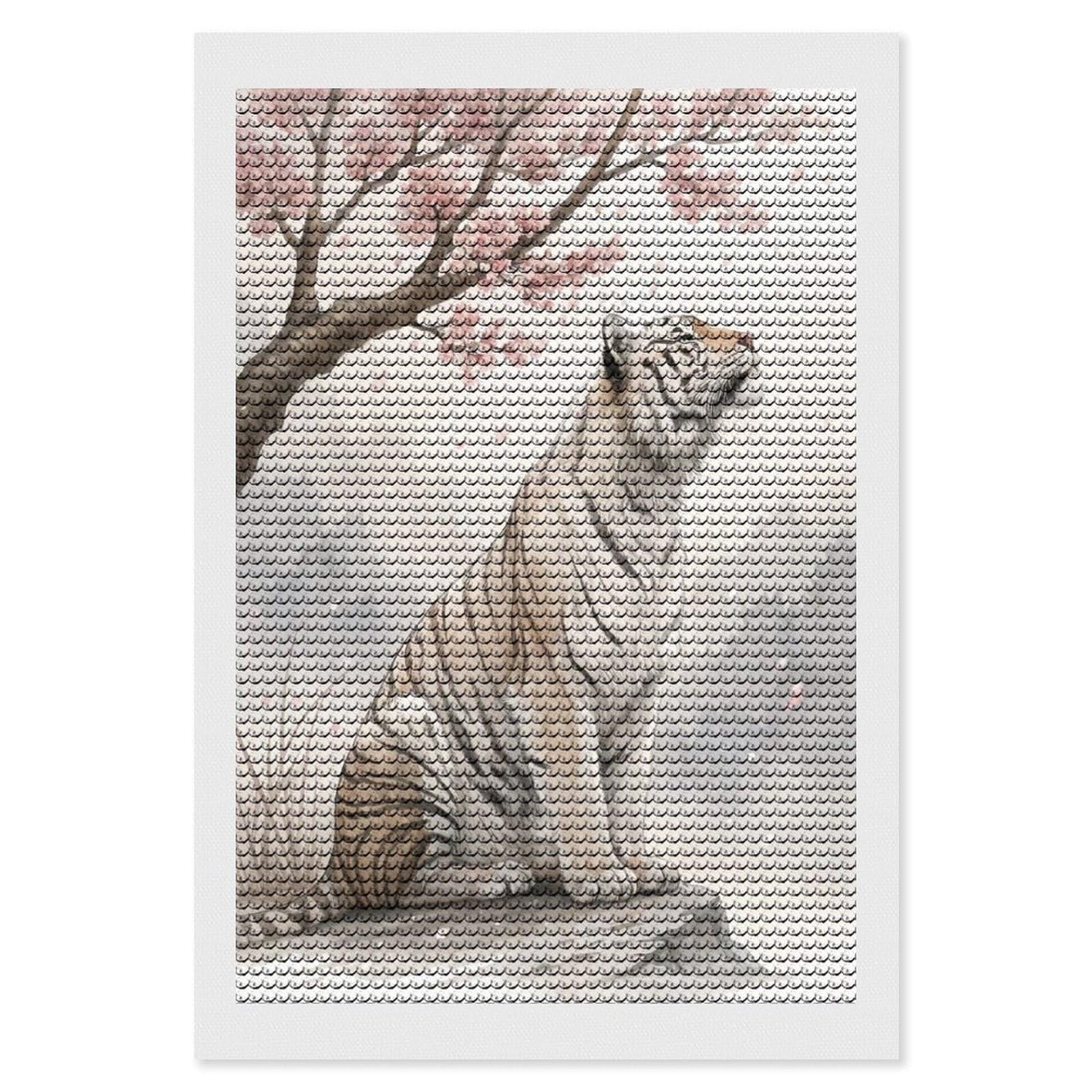 Junmoney White Tiger Under Cherry Blossoms Round Drill Diamond Painting 8"x12", for Craft Lovers, Stress Relief Craft, Bedroom Decor, Festive Craft Gift