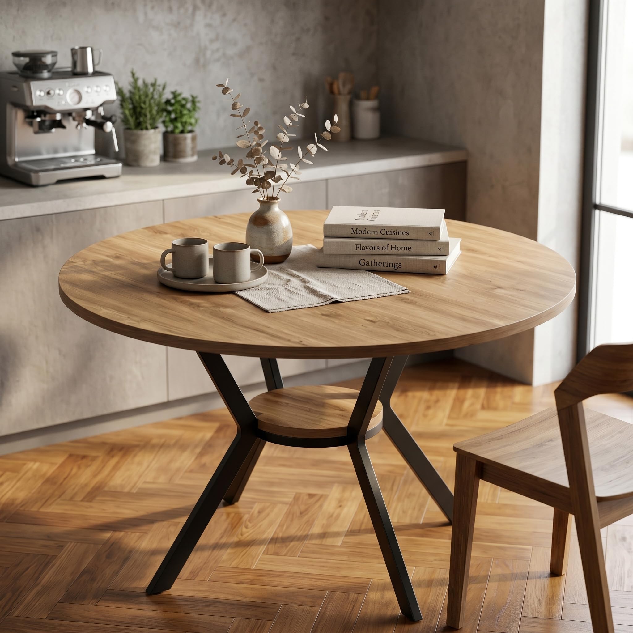 Mesa de comedor extensible con tablero de fibra de densidad media, mesa de comedor ovalada con patas de metal en forma de X, mesa de comedor redonda extensible con estante central para cocina