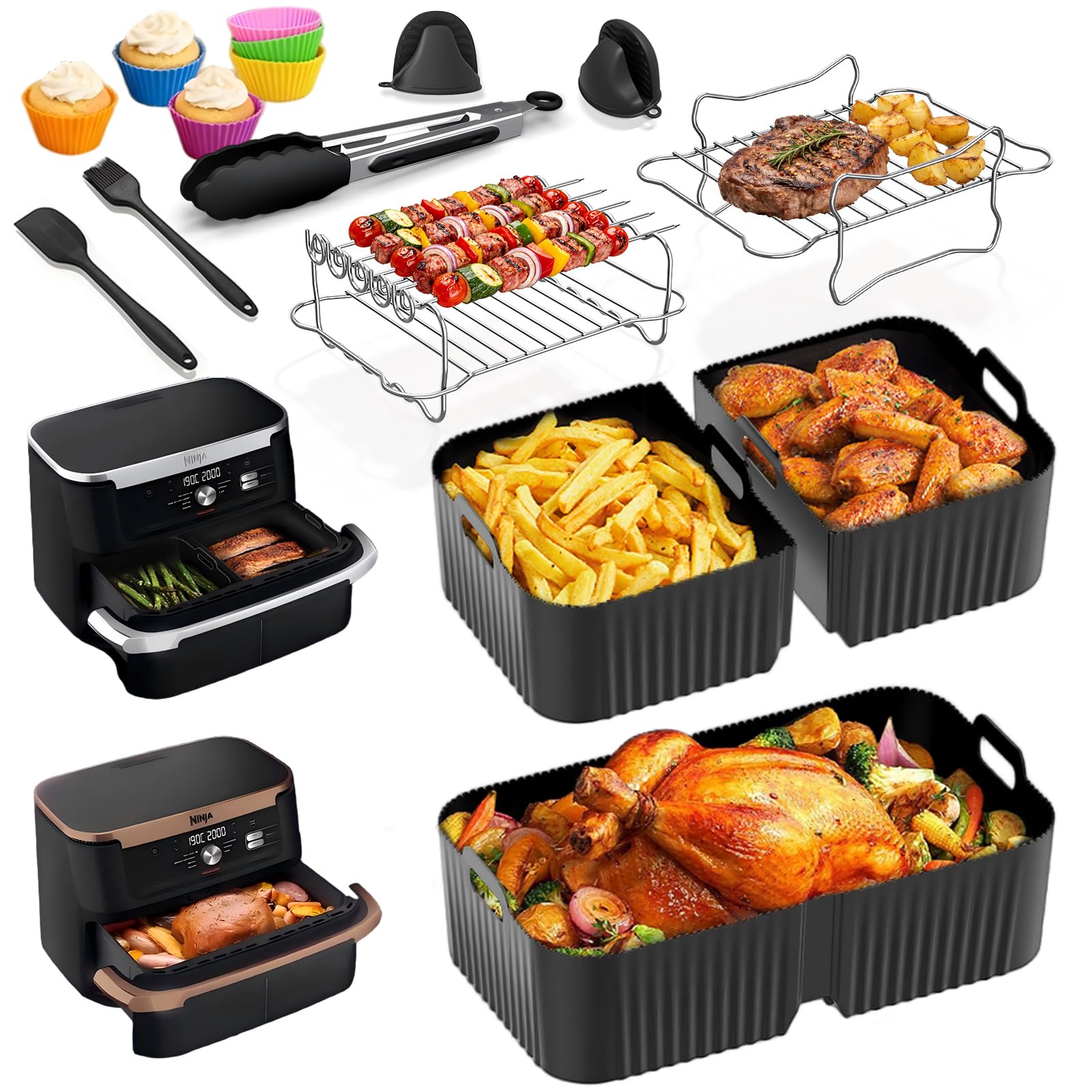 Accessoires Air Fryer pour Ninja AF500EU Foodi FlexDrawer 10.4L | Moule Silicone Air Fryer Ninja 10,4L, Plat pour Airfryer Réutilisable Panier(1x10,4 L+2x5,2 L), 22 Pièces