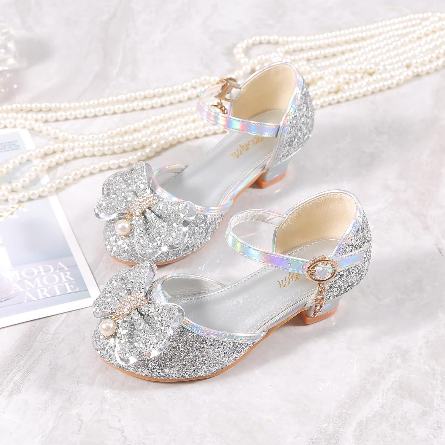 YUNICUS Girls Sandals Cosplay Clear Sparkle Jelly Dress Shoes with Bow Mary Jane Flats