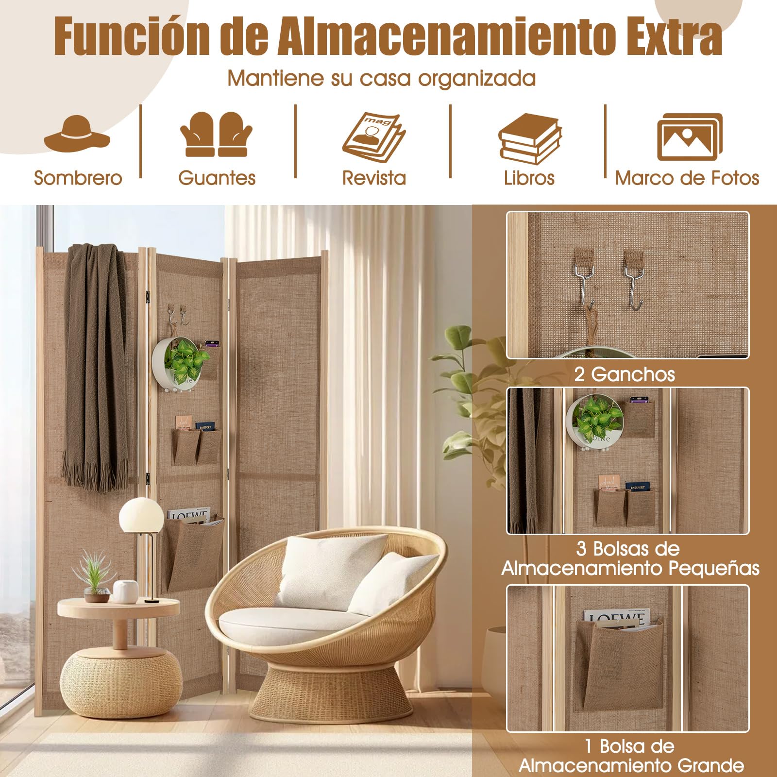 COSTWAY Biombo Separador de Ambientes de 3 Paneles, 121 x 170 cm | Biombo Divisor con 2 Ganchos y 4 Bolsas de Almacenaje, Biombo Plegable de Lino Artificial para Hogar Oficina Sala de Estar