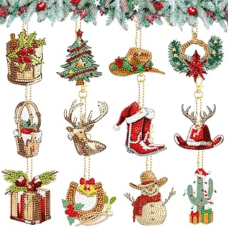 Cheerupp 12 Pcs Christmas Western Cowboy Diamond Art Key Chain Kits, DIY Gem Diamond Art Ornament Doubled Sided Painting Key Ring, Full Drill Diamond Craft Home Xmas Party Decoration Supplies