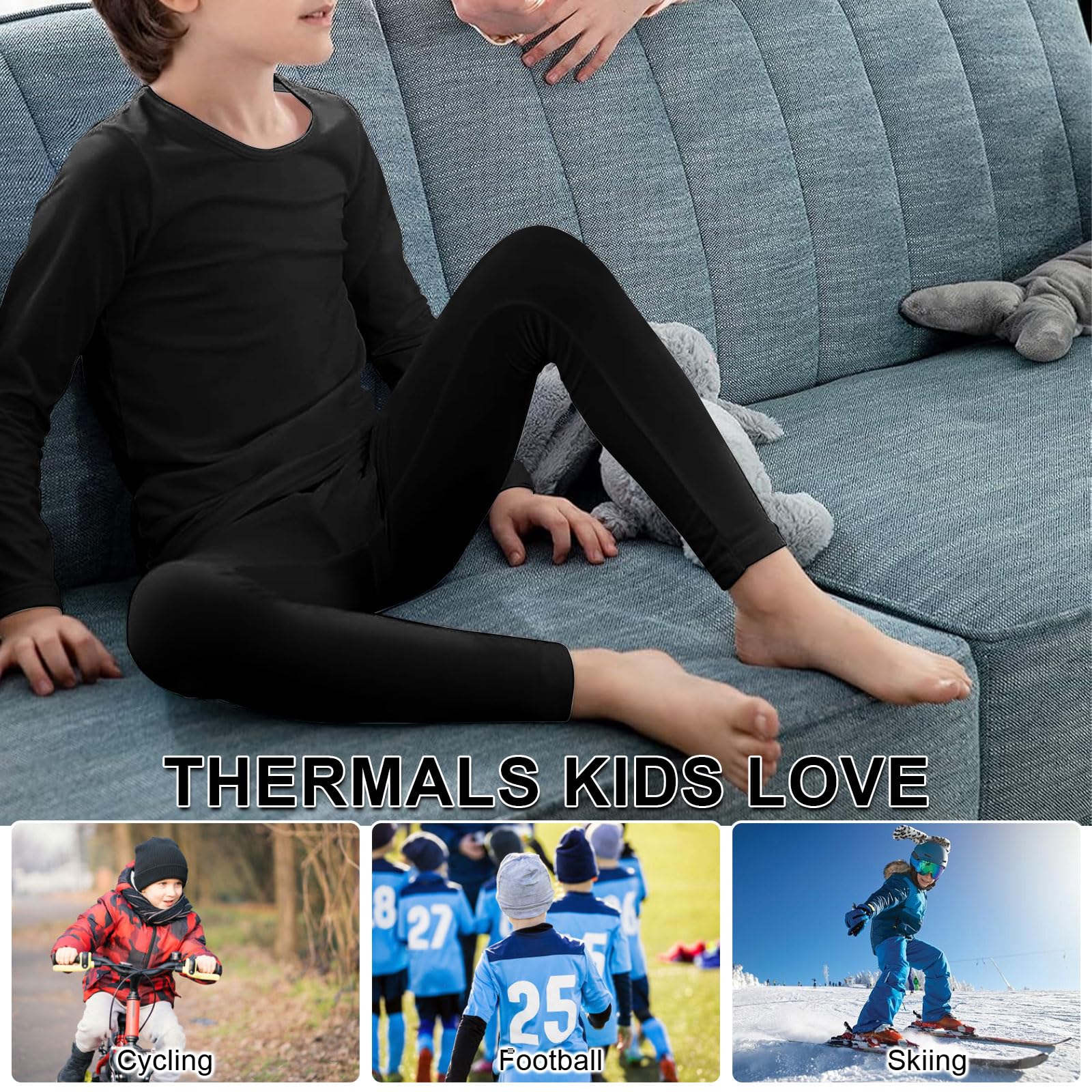 Conjunto de capa base térmica para niños, forro de fieltro cálido para niñas y niños, conjunto de ropa interior térmica para esquí, ciclismo y correr, fútbol