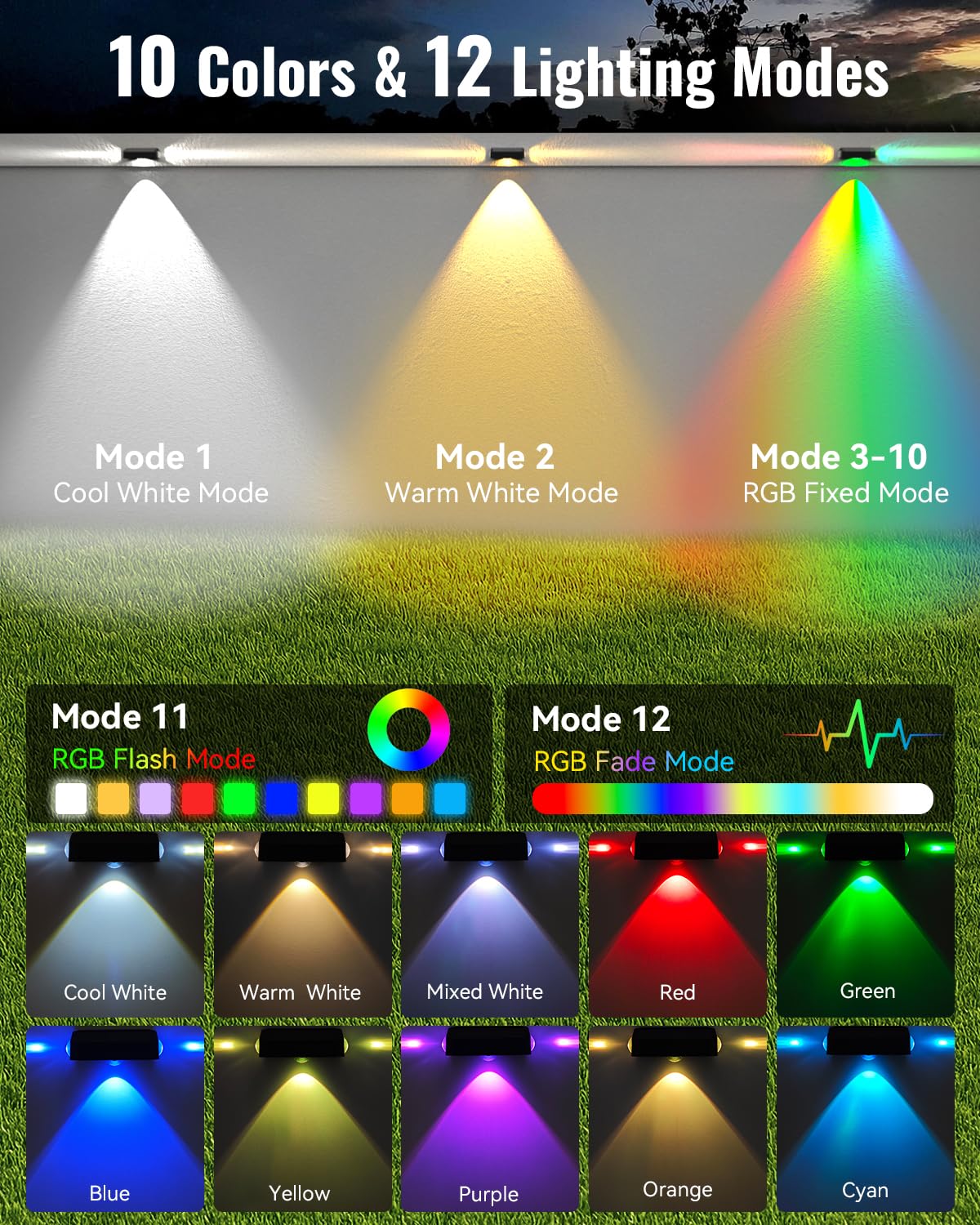 Solar-Zaunleuchten für den Außenbereich, Deckleuchten mit 12 RGB-Farbwechsel, warm und kaltweiß, IP65 wasserdicht, Dämmerung bis Morgendämmerung, Solar-Außenbeleuchtung für Wand, Terrasse, Stufe
