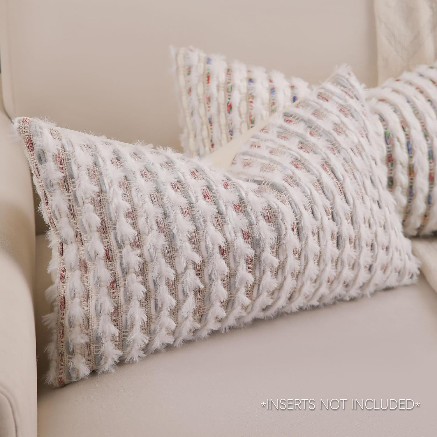 Boho Lumbar Pillow Cover 12x20 Inch Pack of 1 Farmhouse Rectangle Decorative Couch Throw Pillow Cover Grey Chenille Tufted Striped Pillowcase for Living Room Sofa Bed