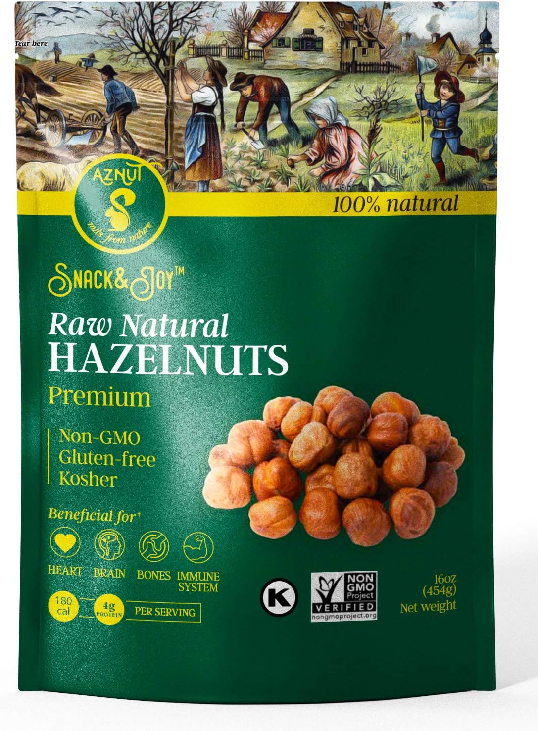AZNUT Raw Hazelnuts Natural Non-GMO Certified,Kosher Certified, Resealable Bag 6 oz