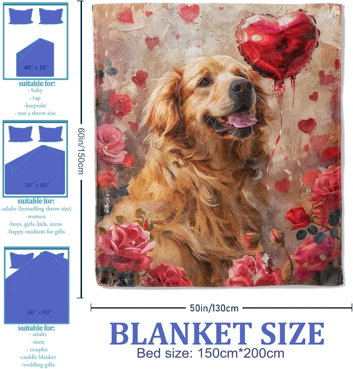 Golden Retriever and Rose Balloon Throw Blanket for Women Girls Boys, Soft Flannel Blankets Gifts for Living Room Couch, Home, Sofa Decor, 50"x60"