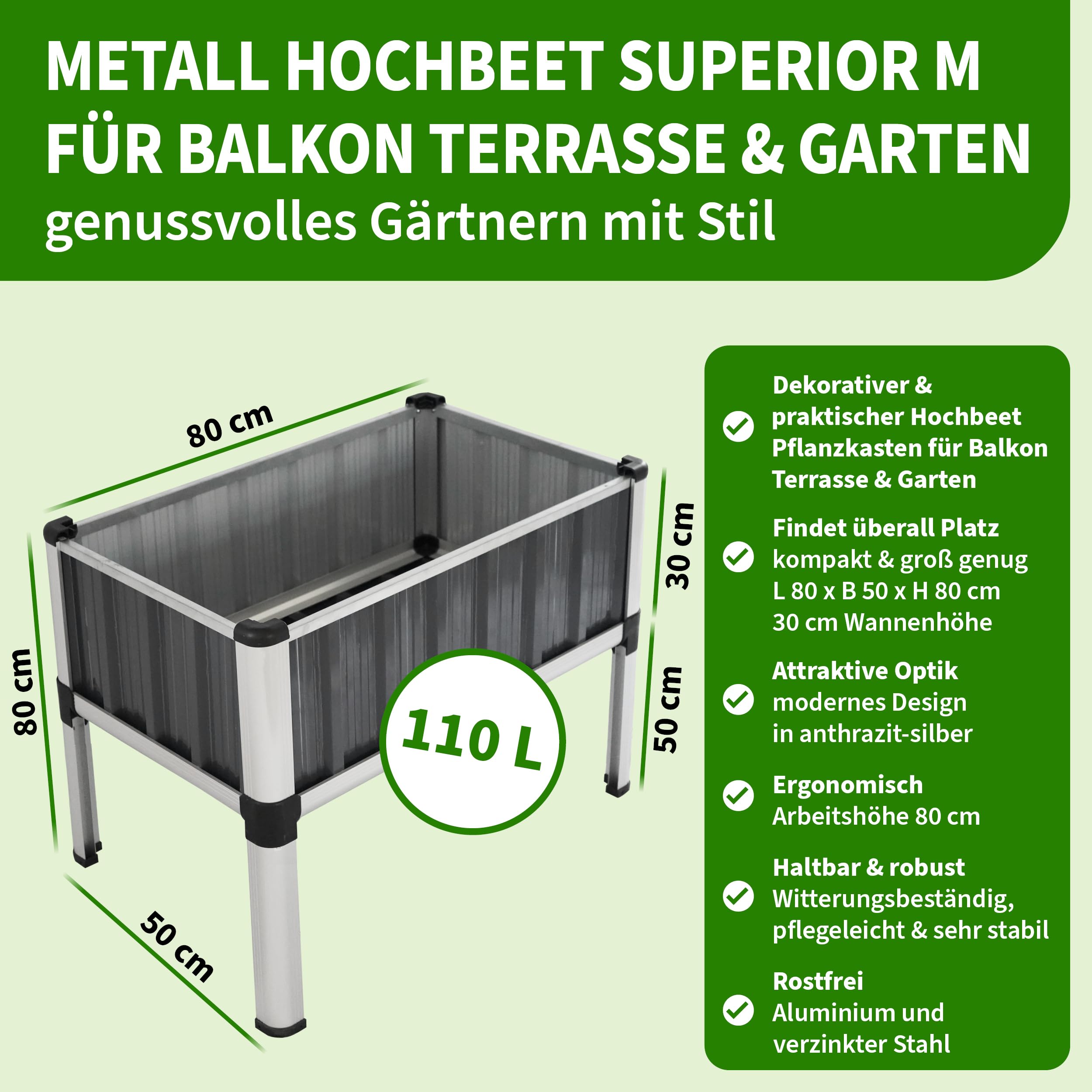 TTL GARDEN Hochbeet 80x50x80cm Superior M aus Metall Anthrazit-Silber | Alu Stahl verzinkt & lackiert - Frühbeet, Pflanzkasten, Kräuterbeet, Blumenbeet, Blumenkasten für Garten, Balkon, Terrasse
