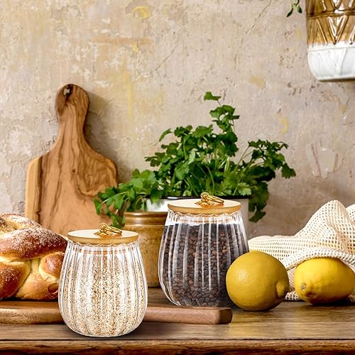 Miniatura 6 de Pinkunn Juego de 4 tarros de vidrio a rayas de vidrio con cucharas de bambú de 20 onzas líquidas para avena durante la noche con tapas, juego de