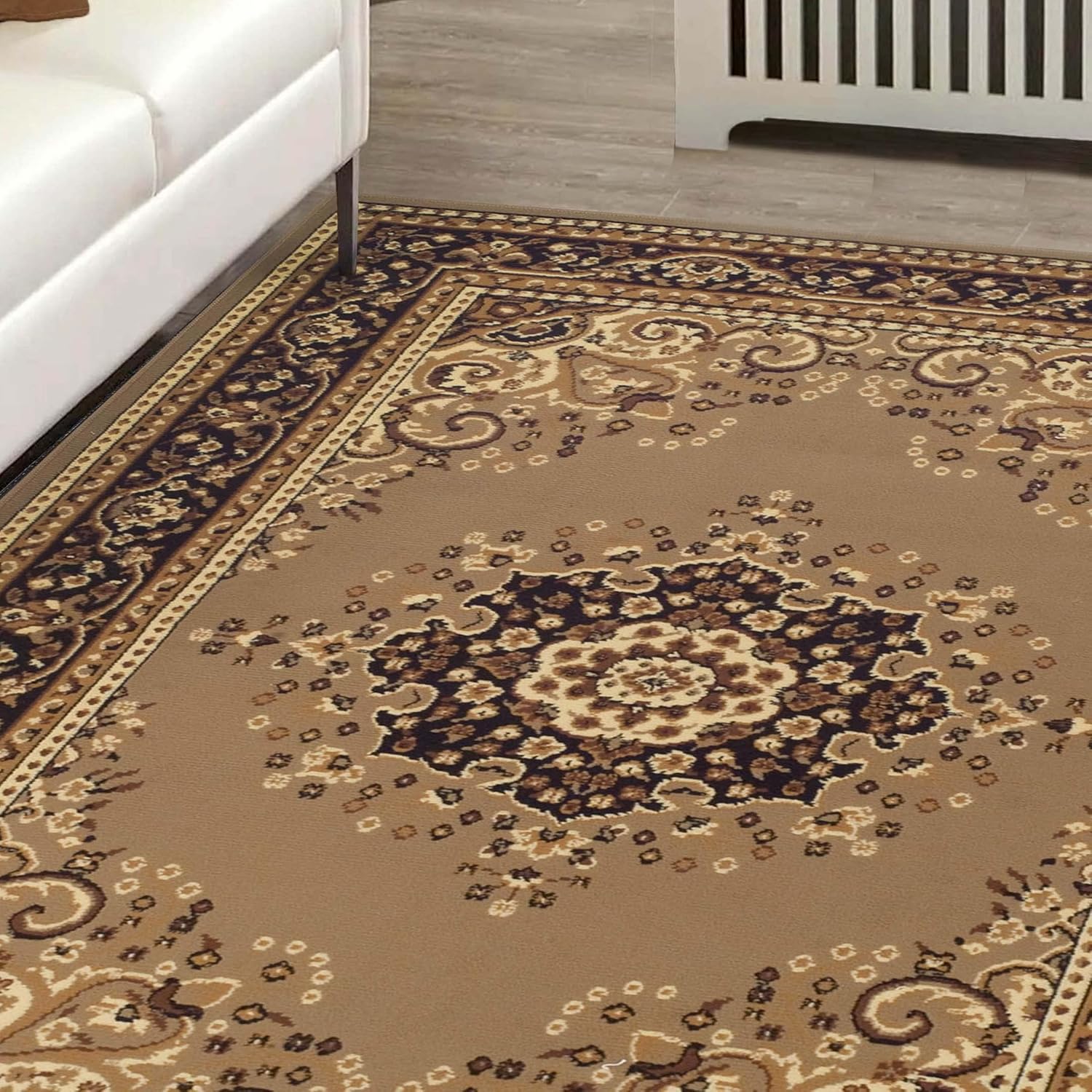 Superior Indoor Large Area Rug with Jute Backing, Floor Decor for Bedroom, Farmhouse, Kitchen, Office, Living Room, Woven Rugs, Elegant Medallion Border, Leopold Collection, 4' x 6', Beige Brown