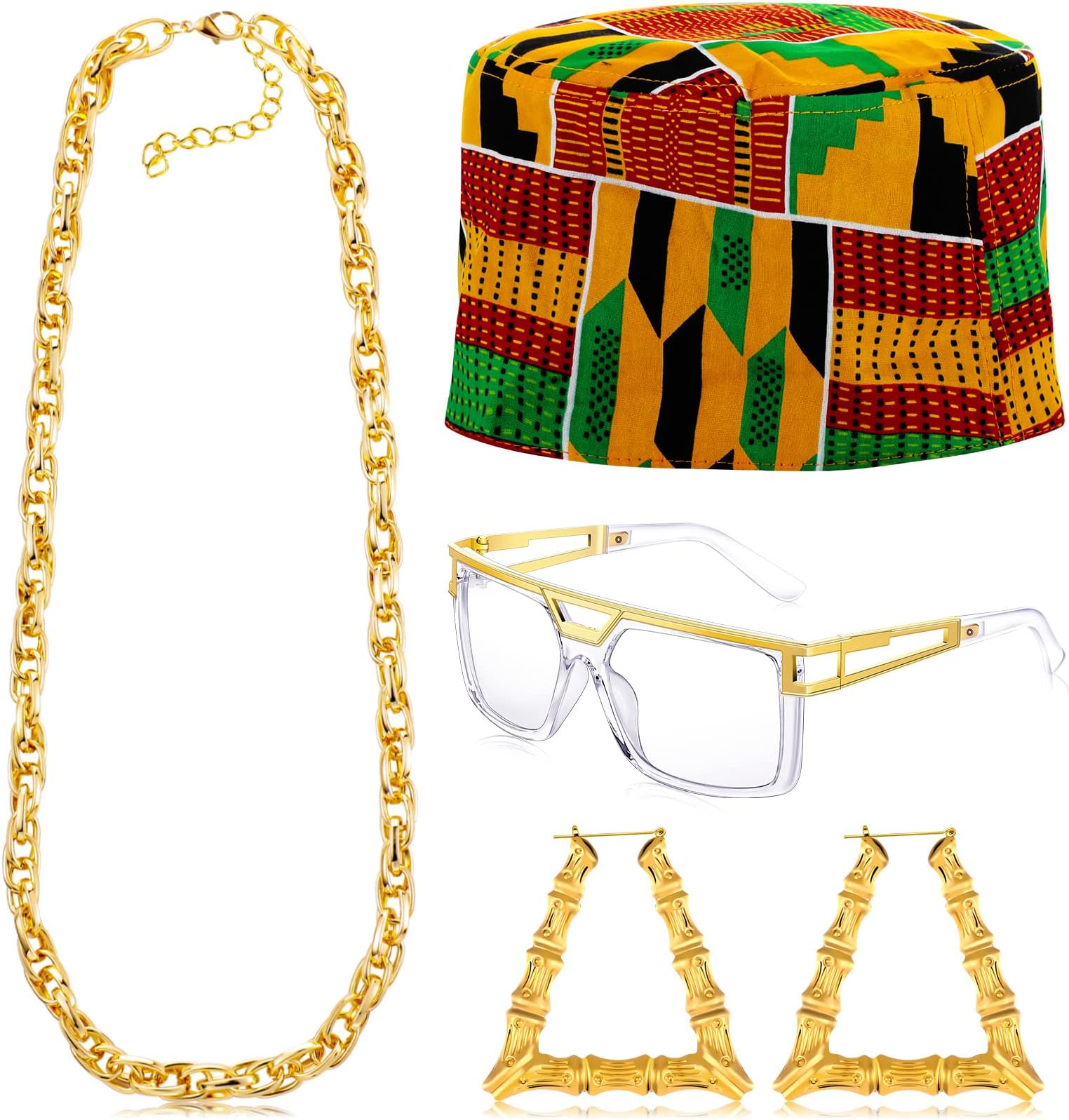4 Pcs Halloween 80s 90s Hip Hop Costume African Kufi Hat Jewelry Rapper Accessories for Women Men Freaknik Party