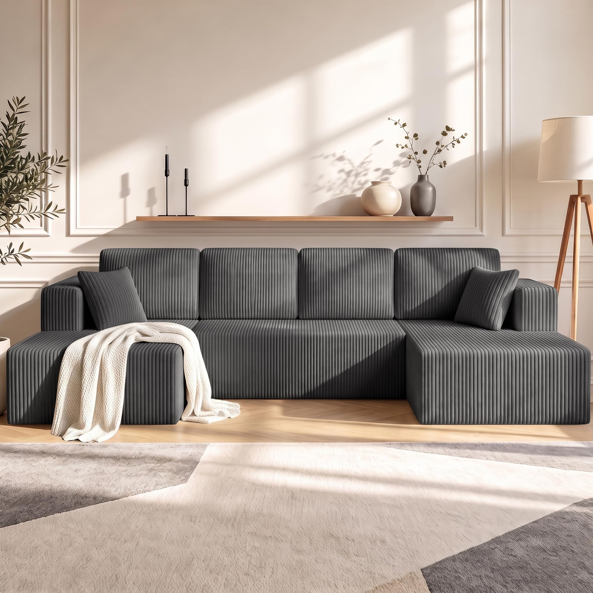 130" Boneless Couch U-Shaped Sectional Sofa, Grey